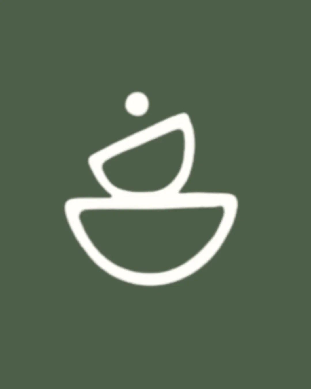 Simple white line icon of stacked bowls with a small dot above on a dark green background.