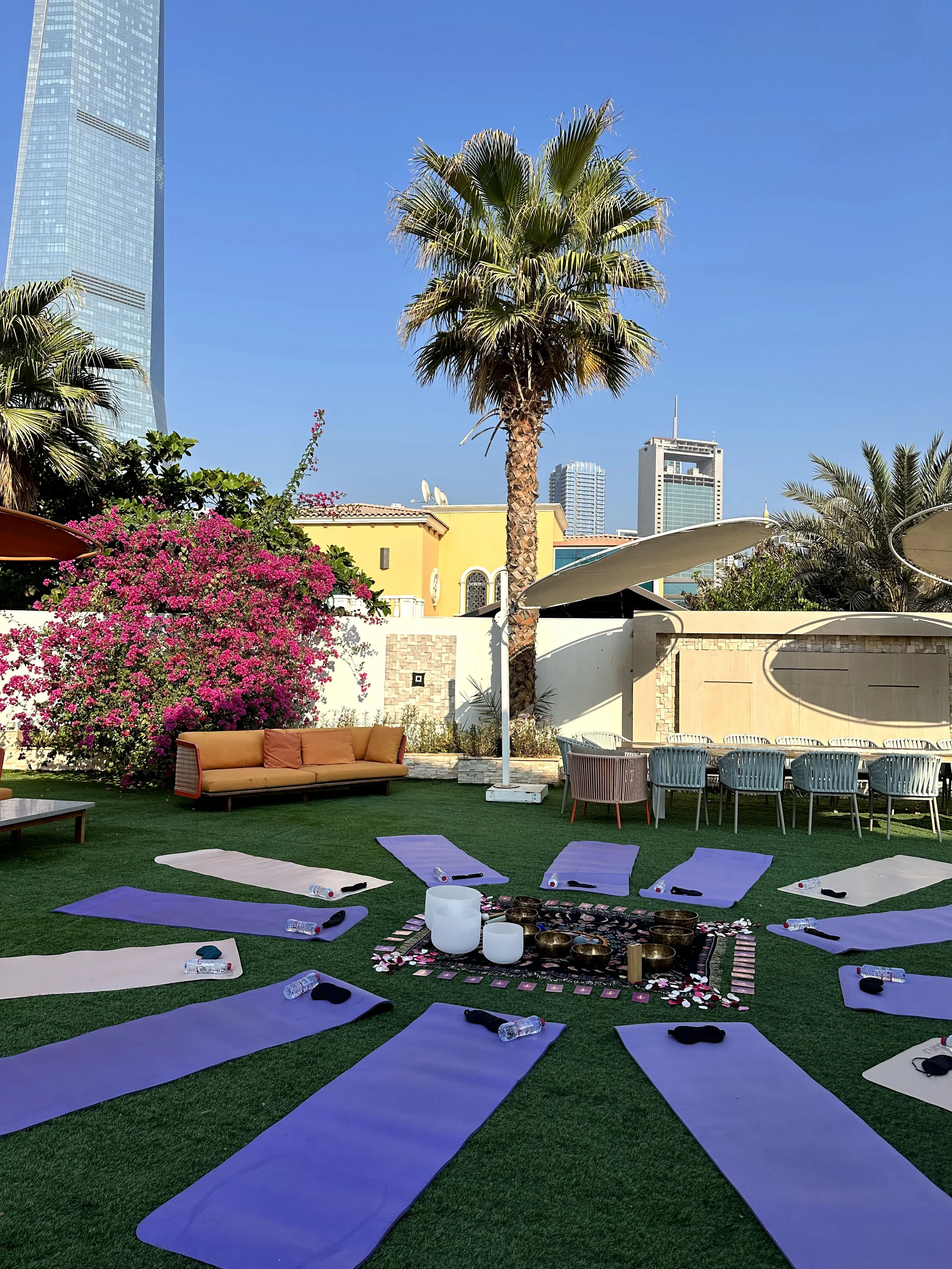 Outdoor private sound healing session setup for a private gathering, supporting nervous system regulation, stress relief and deep relaxation through trauma-informed sound healing in Dubai.
