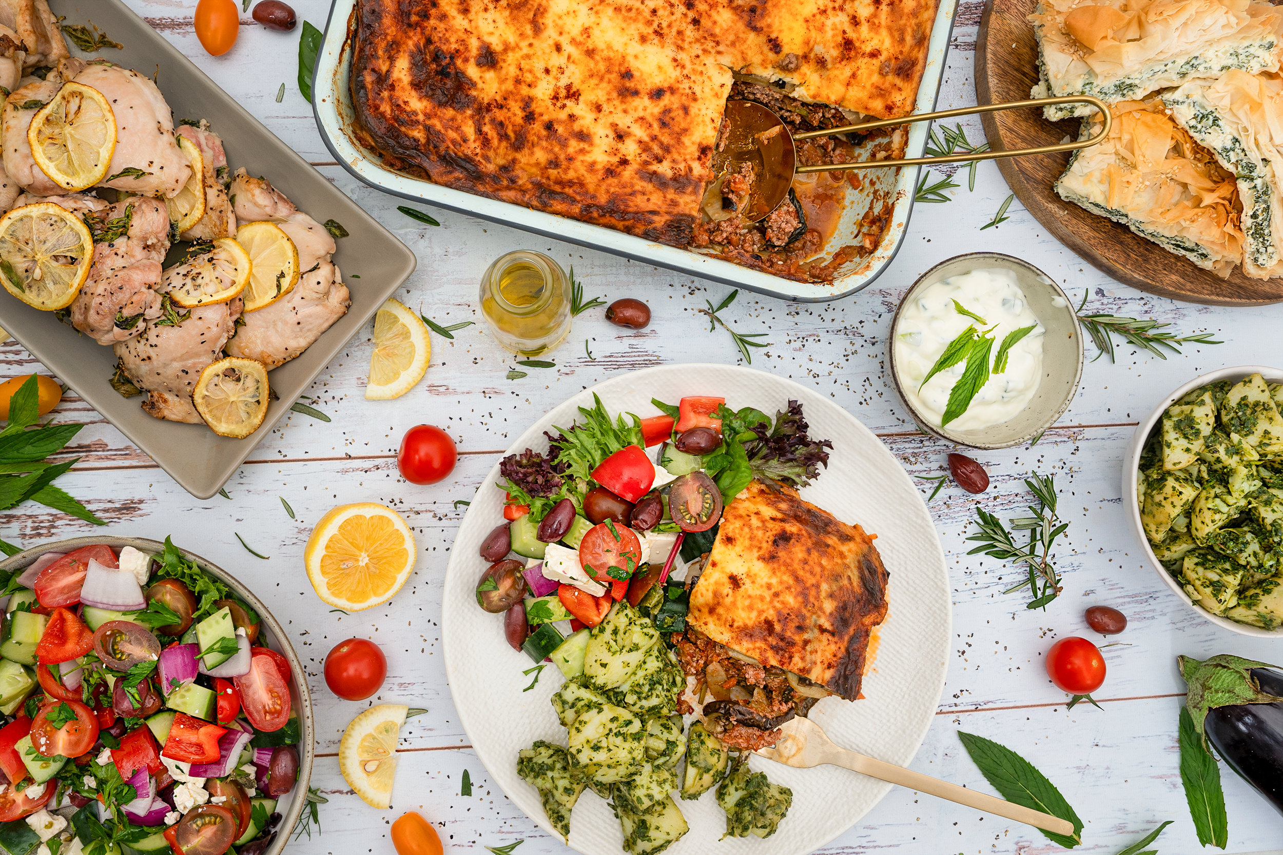 Sydney catering photography - greek salad moussaka and chicken with lemon