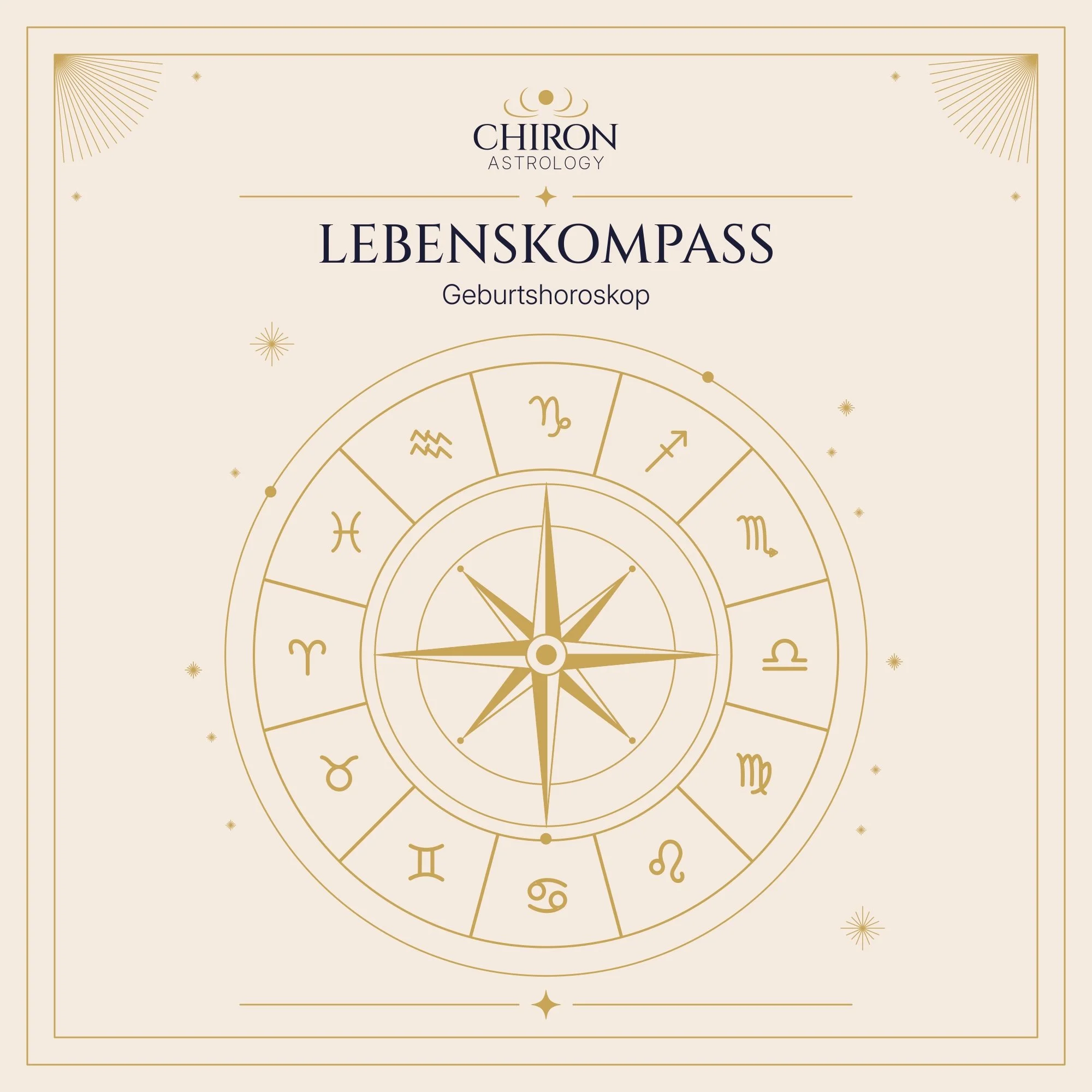 Titelgrafik des astrologischen Lebenskompasses von CHIRON Astrology mit goldenem Tierkreis und Kompassrose.