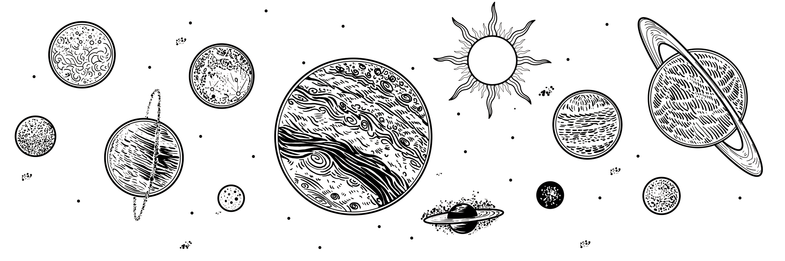 Schwarz-weiß Illustration des Sonnensystems mit Planeten, Sonne und kleinen Himmelskörpern auf transparentem Hintergrund.