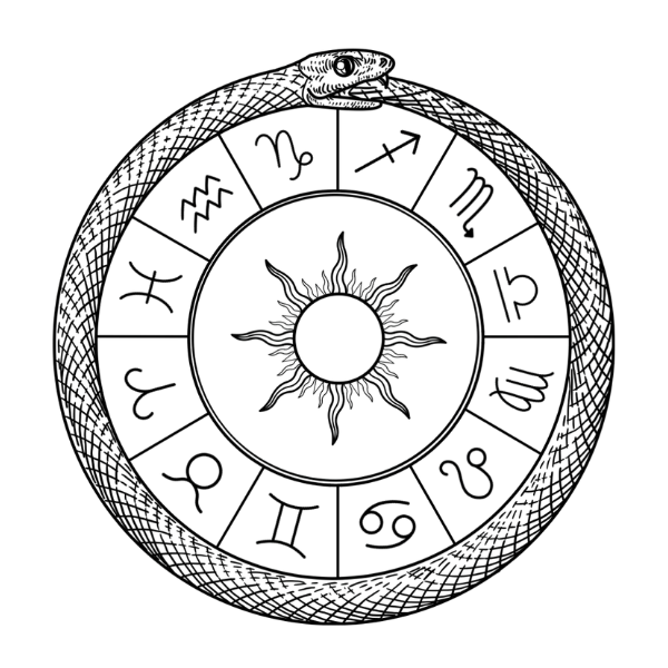 An ouroboros encircling the zodiac: a serpent devouring its own tail forms a continuous ring around the twelve astrological signs, while at the center a symbolic sun radiates as the source of cyclical time and cosmic order.