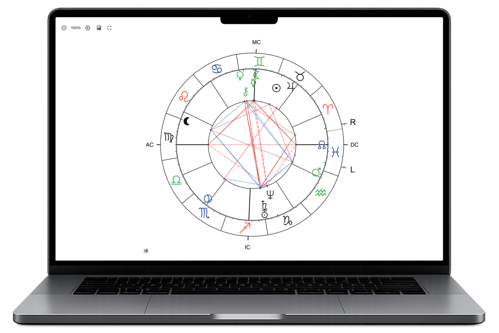 AstroPerita mit astrologischem Radix-Horoskop in der Vollbildansicht
