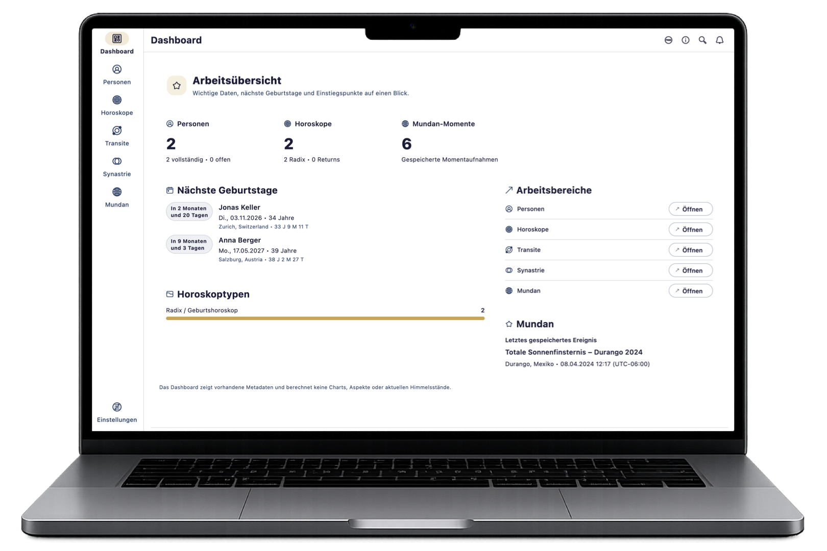 AstroPerita Astrologie-Software mit Dashboard für Personen, Horoskope, Transite, Synastrie und Mundan