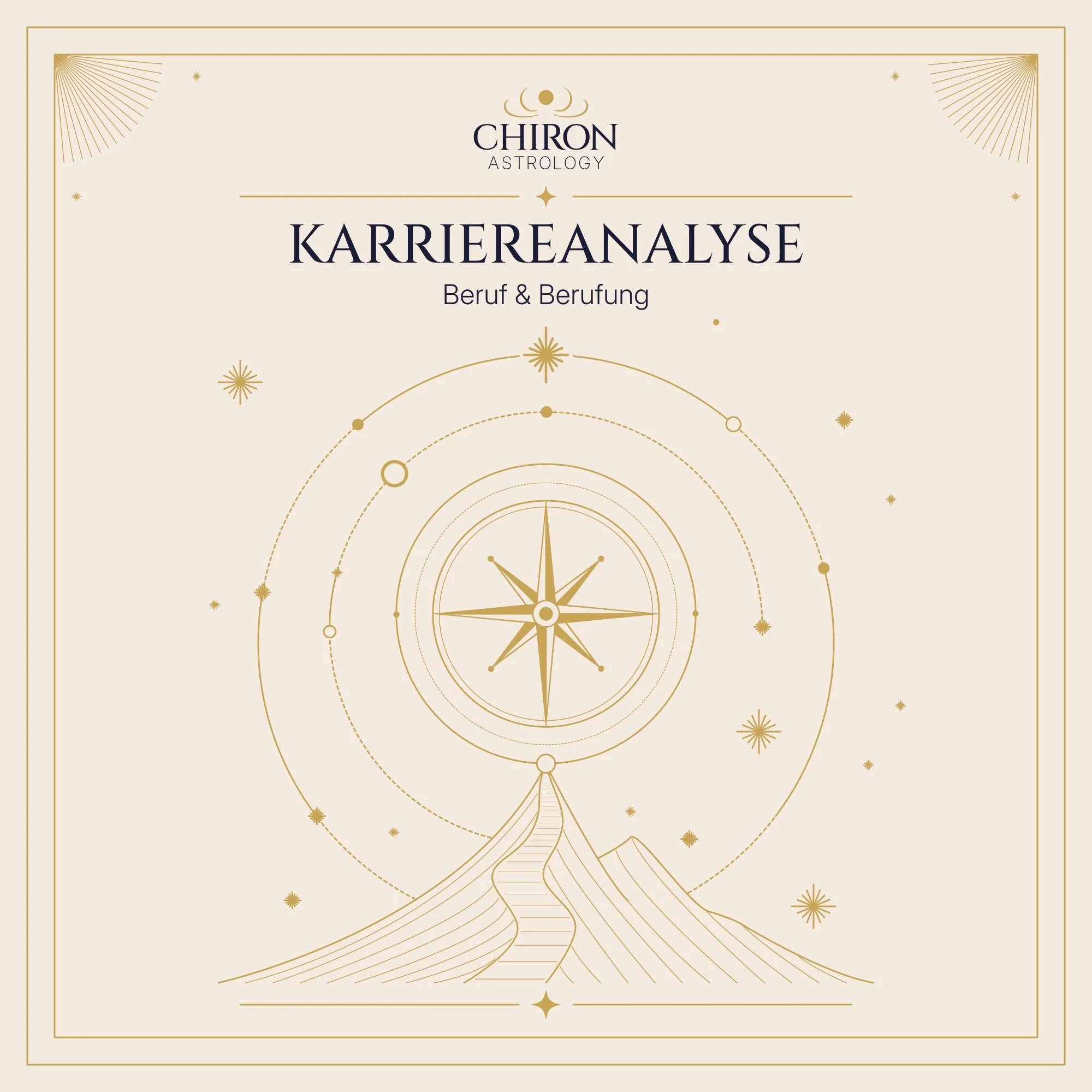 Titelgrafik des astrologischen Jahresfokus von CHIRON Astrology mit goldener Sonne, Planeten und kreisförmigen Umlaufbahnen.