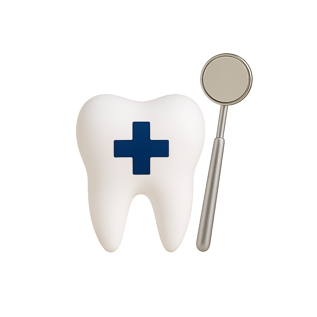 A digital illustration of a tooth with a blue medical cross in the center, and a dental mirror placed next to it, representing dental health or dentistry.