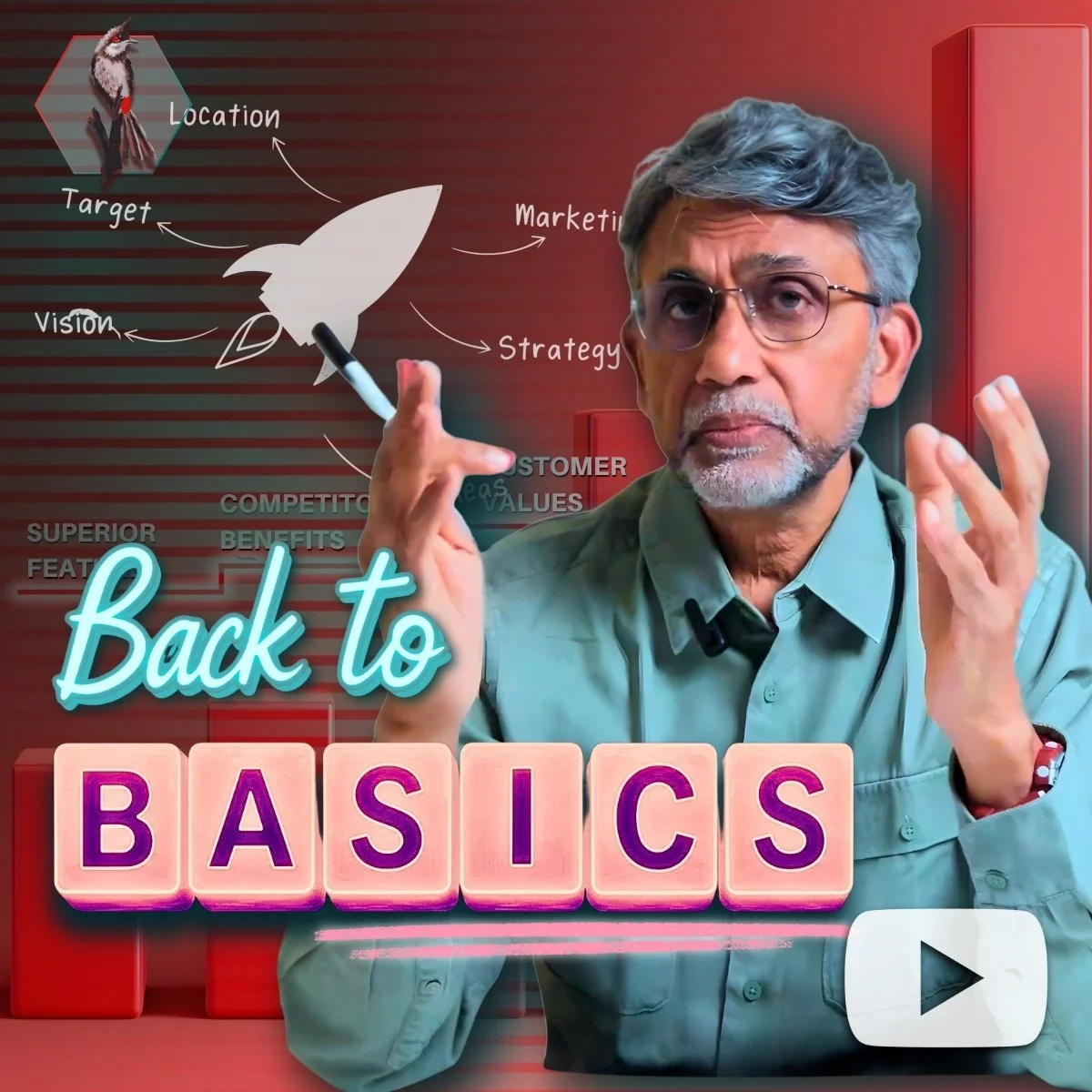 An older man with gray hair and glasses is giving a presentation about marketing basics, with a background showing a diagram of a rocket labeled with marketing concepts such as location, target, vision, strategy, and marketing. The image features the phrase 'Back to Basics' in bright letters.