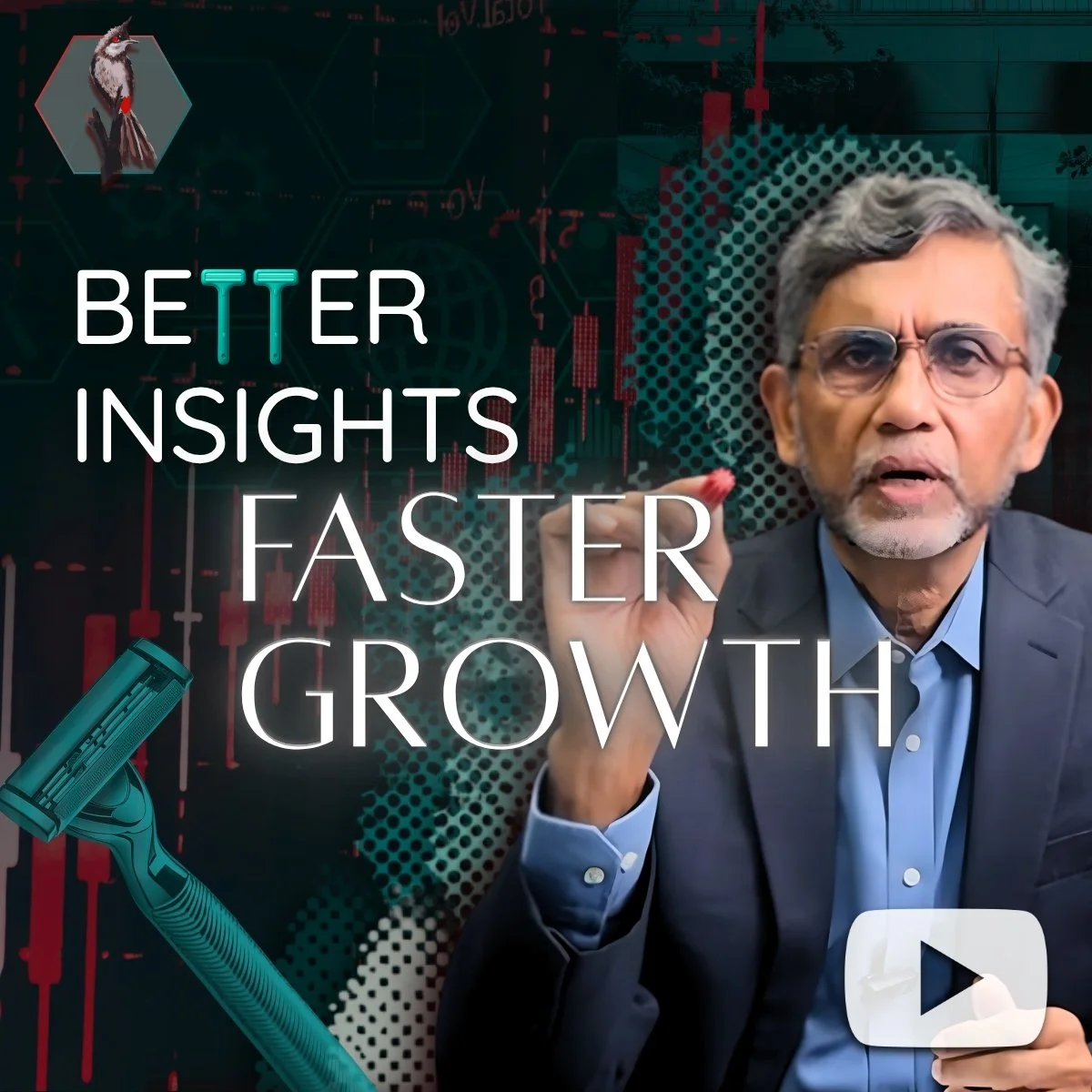 A man with gray hair, glasses, and a beard in a suit, speaking and gesturing with his hand. Background features financial charts, a magnifying glass, and a small bird in a hexagon logo. Text reads "Better Insights Faster Growth."