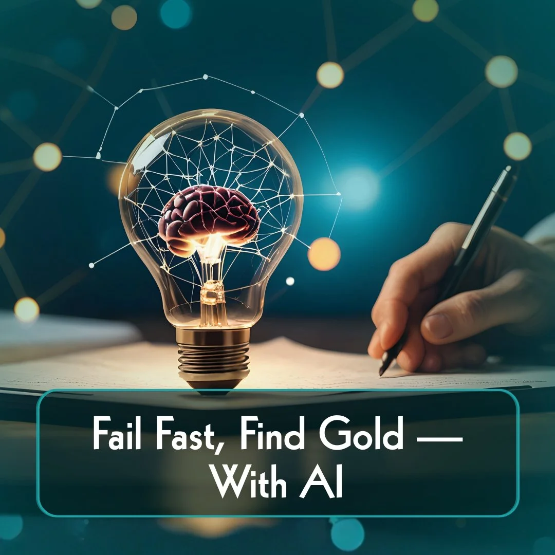 Image link for thought leadership business growth article titled 'Fail Fast, Find Gold– With AI'. Image depicts a brain and synapses within a lightbulb.