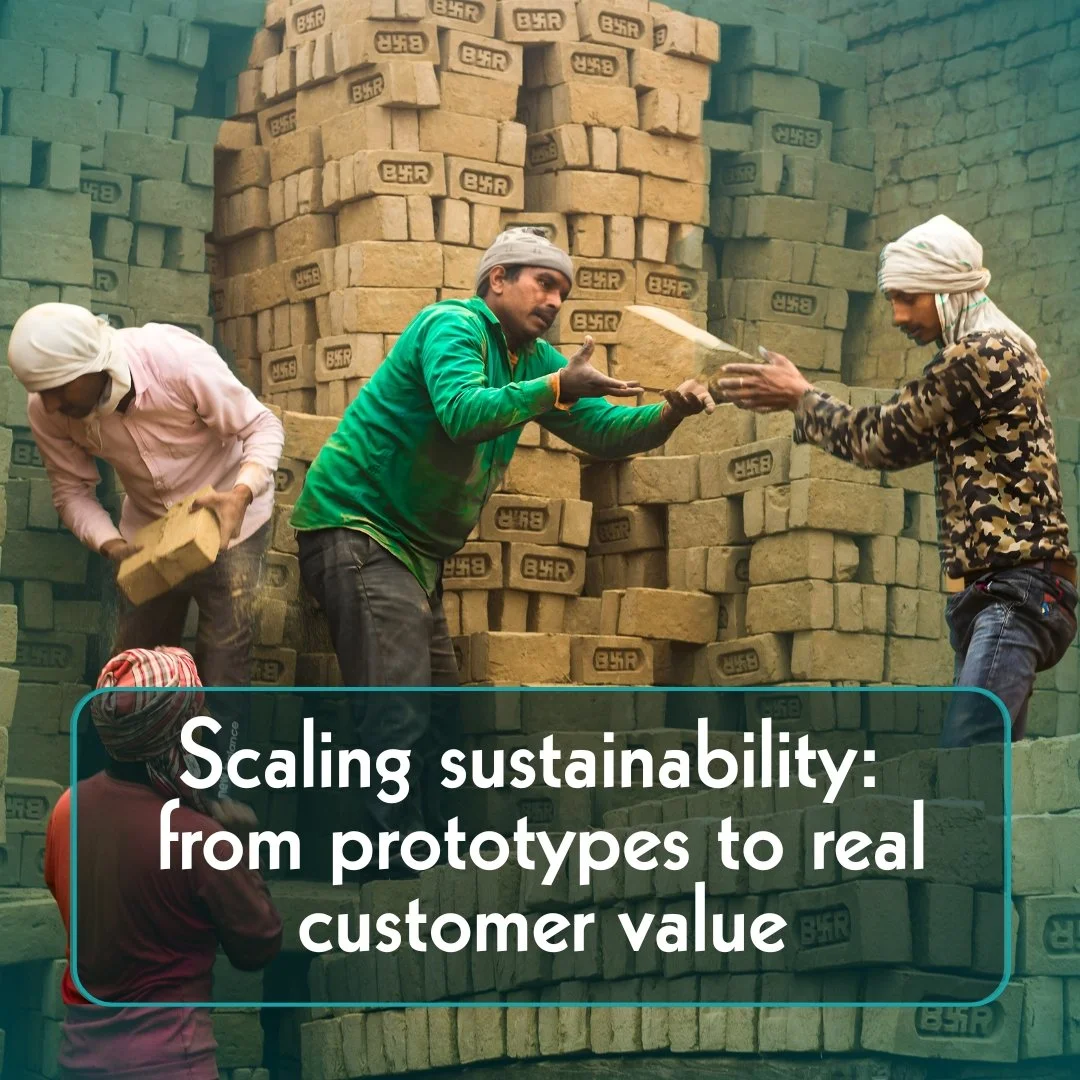 Image link to article Scaling Sustainability: From Prototypes to Real Customer Value. Image depicts Indian construction workers building with bricks.