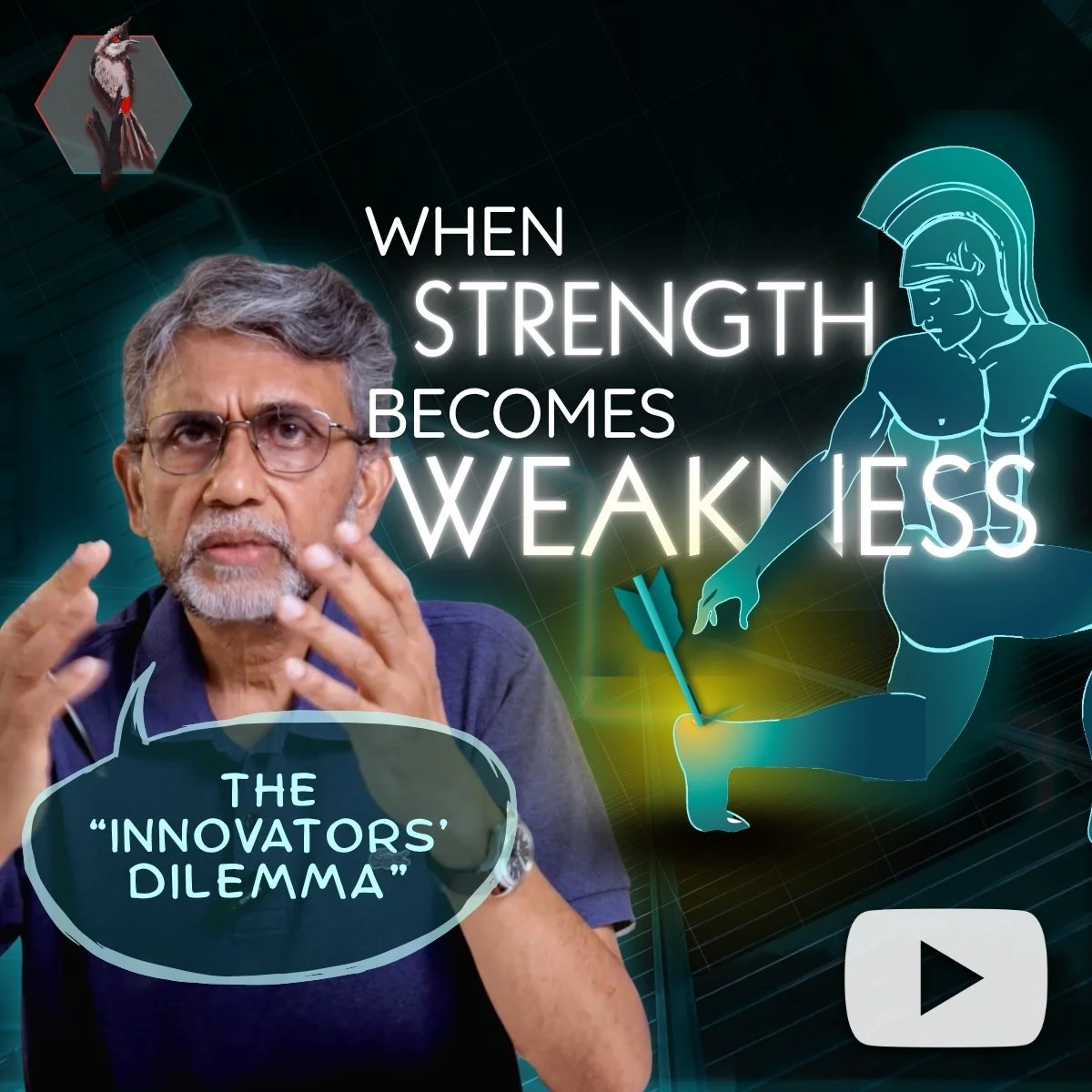 A digital graphic featuring a man with glasses and gray hair speaking, with the text 'When strength becomes weakness' and a neon outline of a Spartan warrior. There is a speech bubble that reads 'The 'Innovators' Dilemma'.
