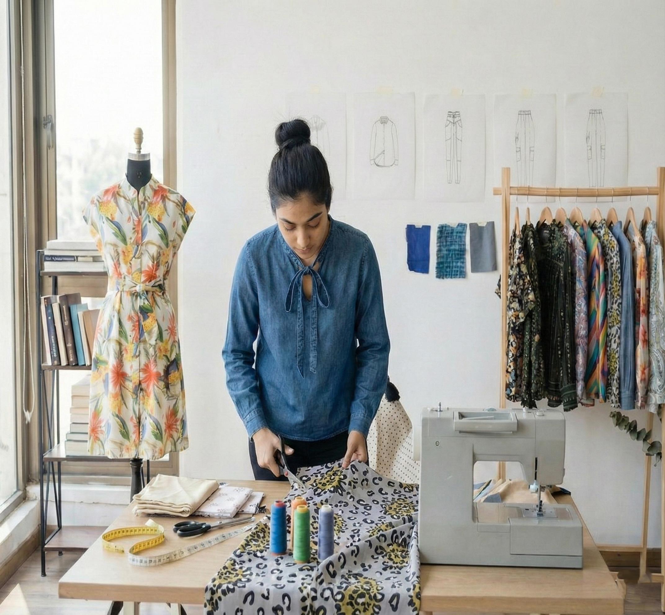 A woman working in a fashion design studio, cutting fabric with a pair of scissors. The workspace includes fabric swatches, sewing tools, a sewing machine, and mannequins with clothing designs, with sketches and fabric samples on the wall.