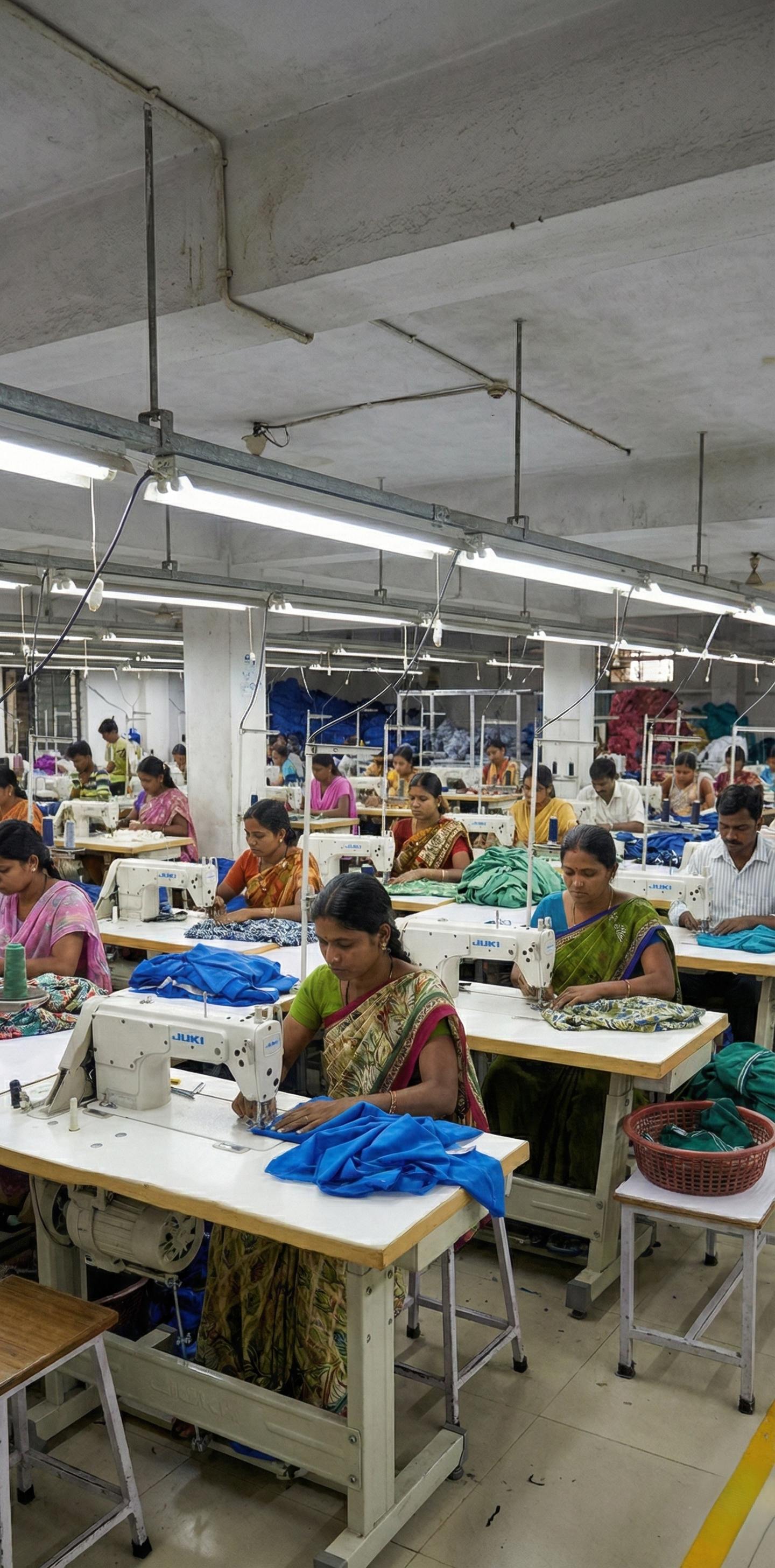 Employees sewing fabric in a garment factory, working at rows of sewing machines.