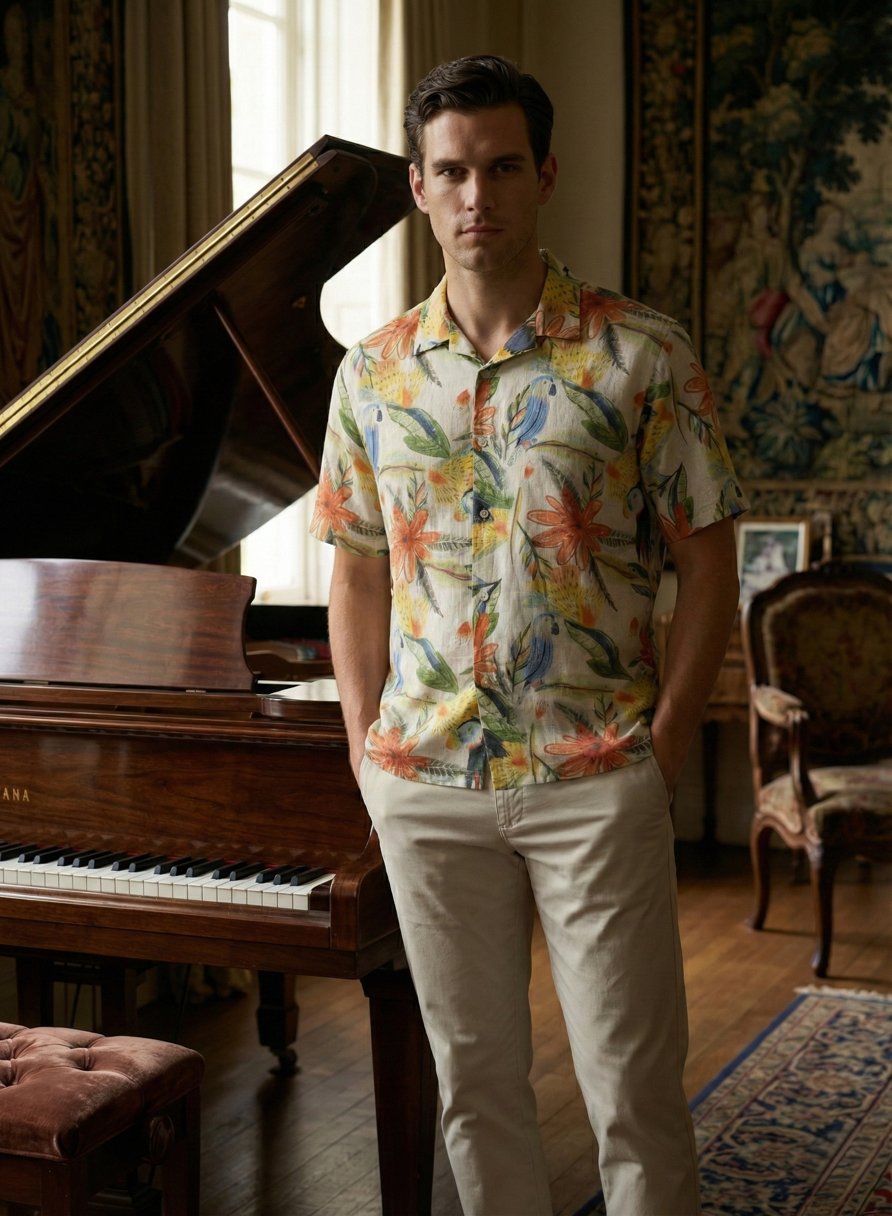 A young man standing indoors in front of an open grand piano, wearing a colorful Hawaiian shirt and beige pants, with a neutral expression.