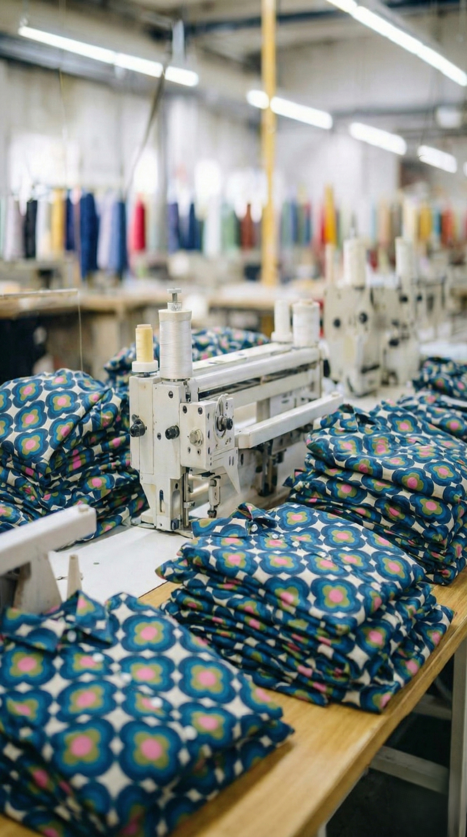 Industrial sewing machine stitching colorful floral fabric stacks in a textile factory.