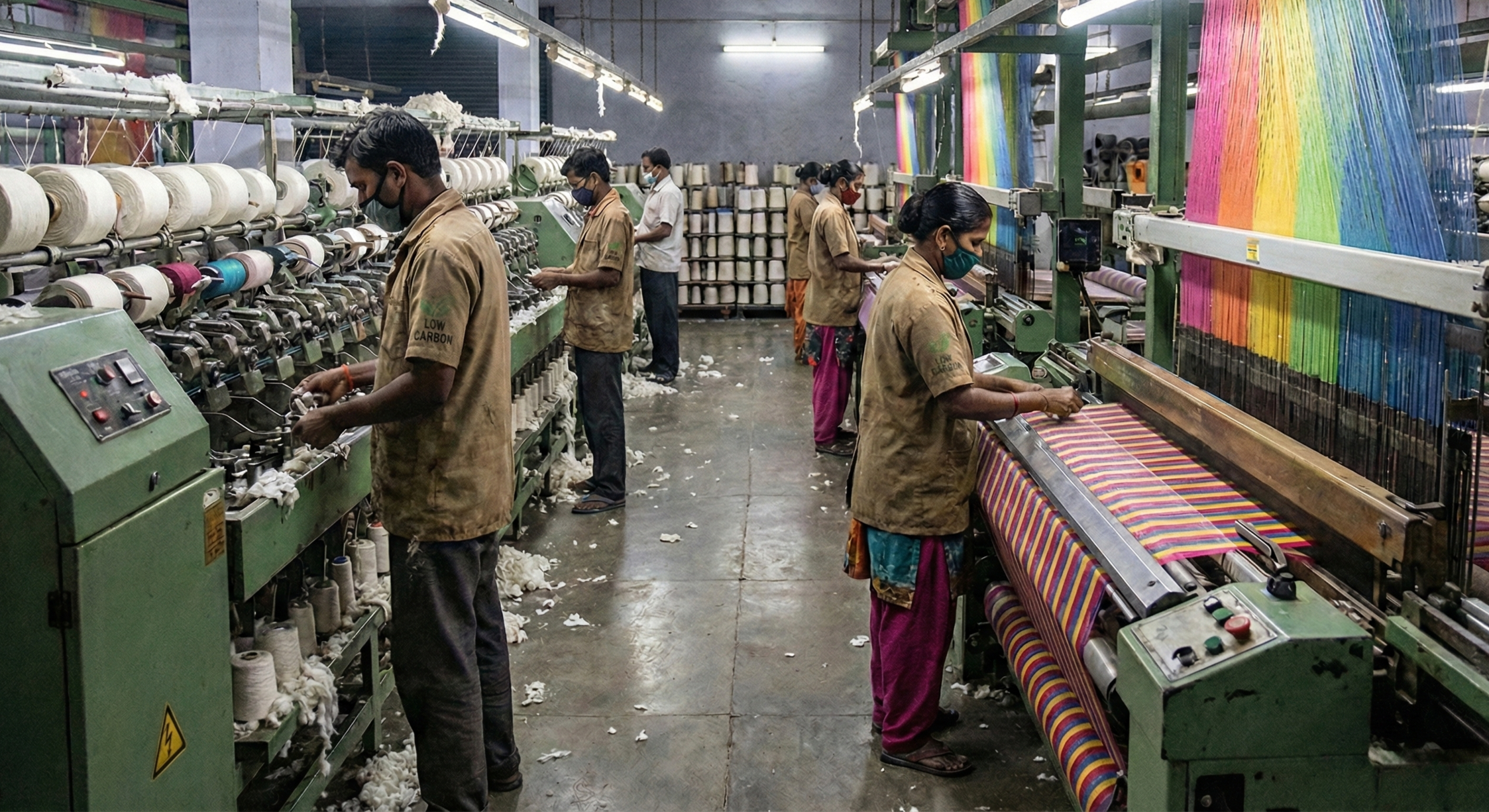 Workers in face masks operate textile machines in a factory, producing colorful fabric patterns.