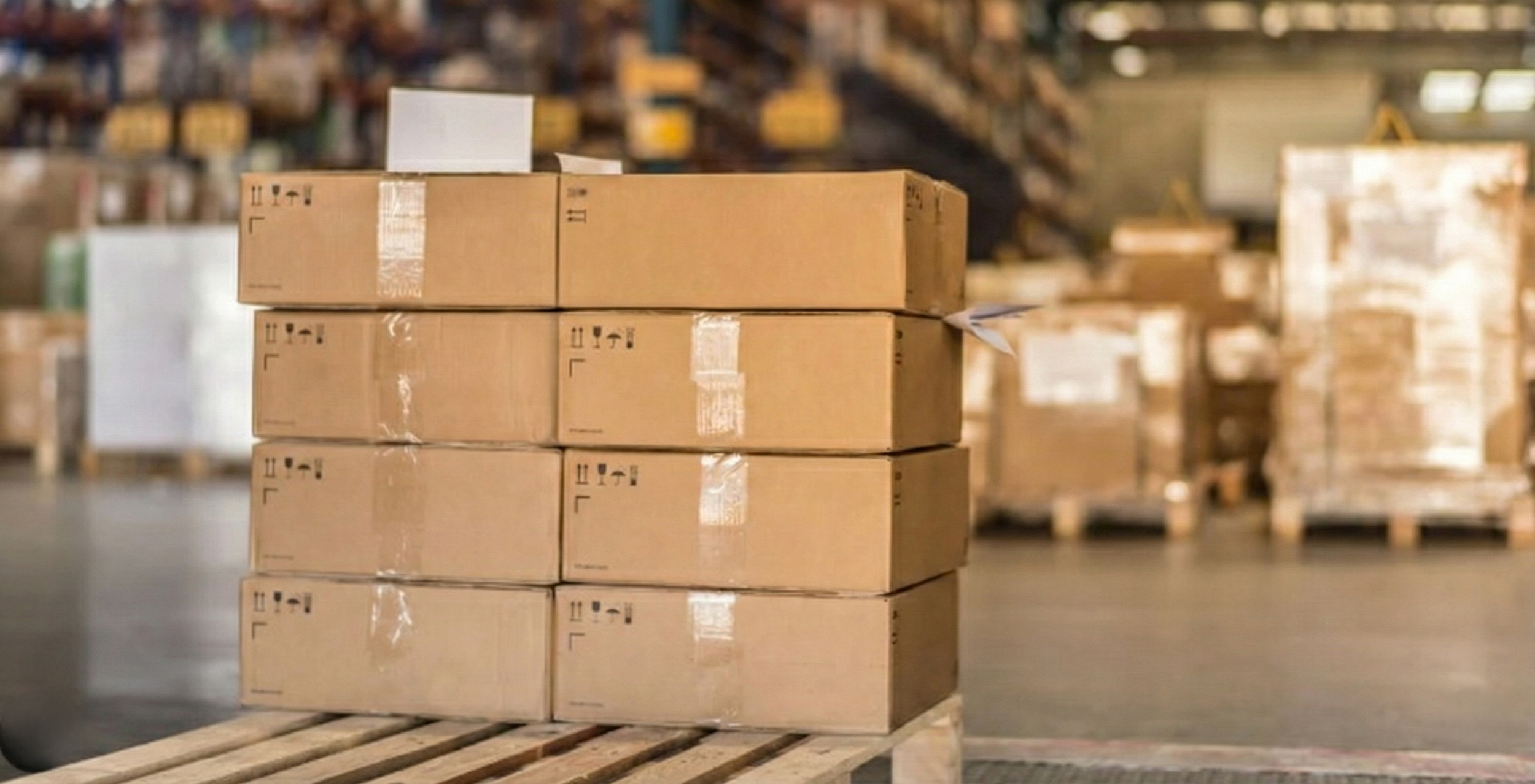 Stack of cardboard boxes on wooden pallets in a warehouse.