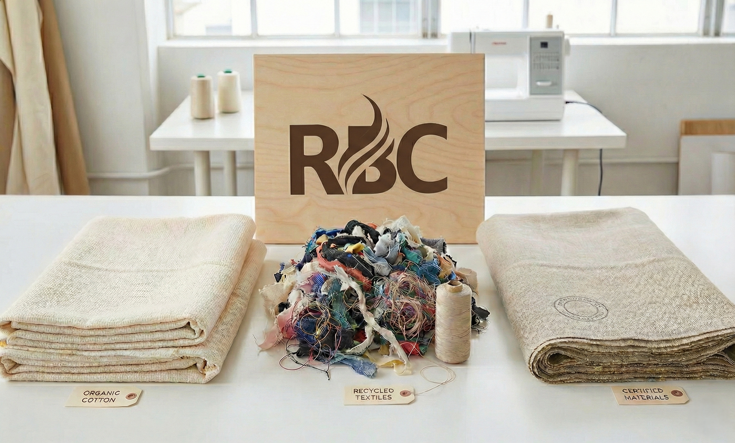Tables with folded organic cotton and certified materials, and a heap of recycled textiles in the center, with a wooden sign displaying the R&BC logo in the background.