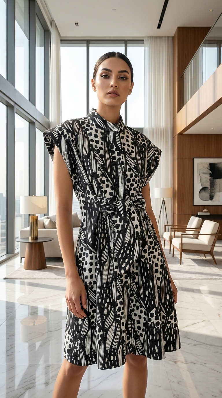 A woman in a black and white patterned dress standing in a modern, bright interior with large windows, marble flooring, and wooden accents.