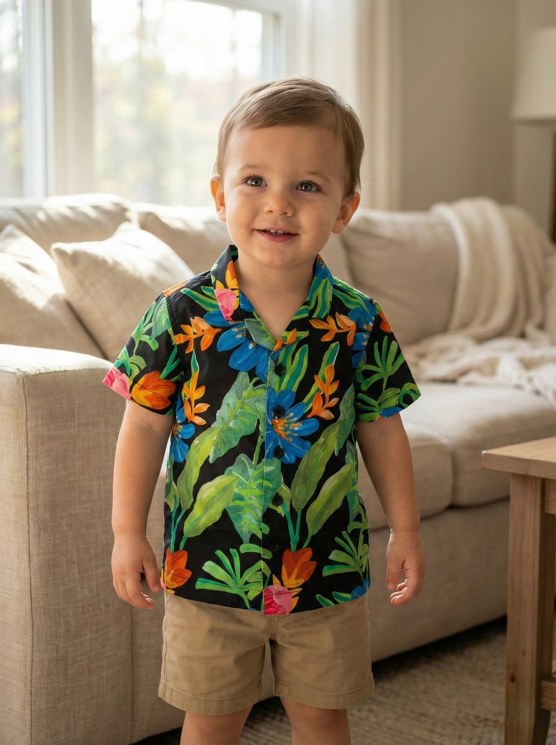 A young boy wearing a colorful Hawaiian shirt and khaki shorts standing in a living room with beige furniture and large windows.
