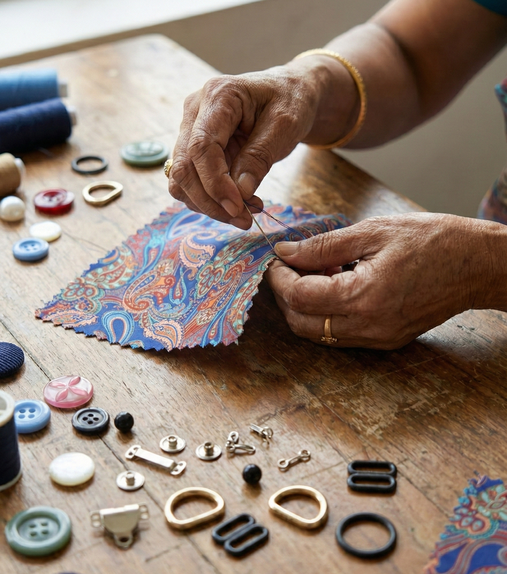 A person sewing decorative buttons onto a colorful fabric at a wooden table, with various sewing supplies scattered around.