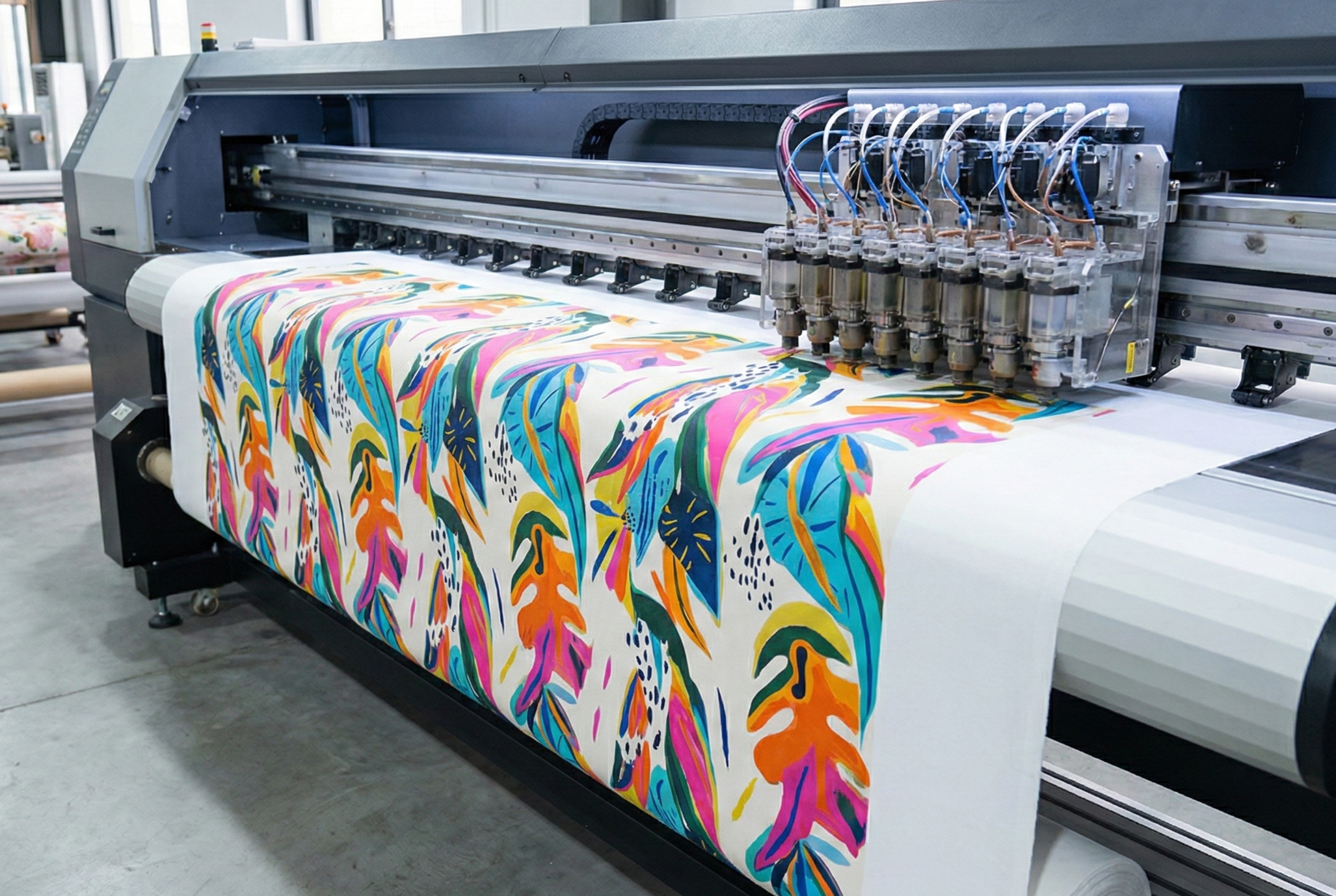A large industrial printer printing a colorful, abstract leaf pattern on fabric.