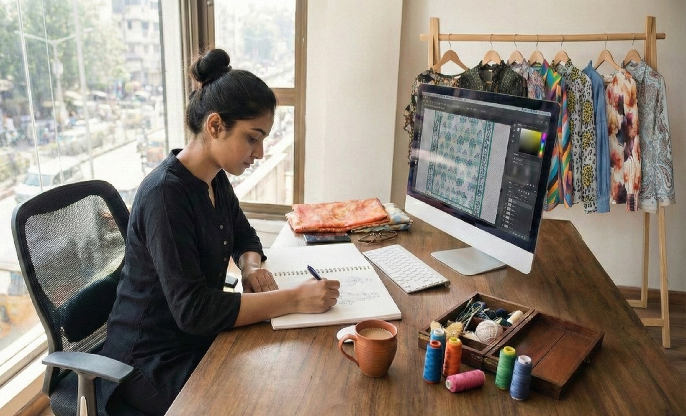A woman is sitting at a wooden desk in a bright room, drawing or sketching in a notebook. She has dark hair tied in a bun, and there is an iMac computer on her right showing fabric designs. On the desk, there are spools of thread, a mug, fabric swatches, and a wooden tray with sewing supplies. Behind her, a clothing rack with colorful shirts is visible near a window with a cityscape view.