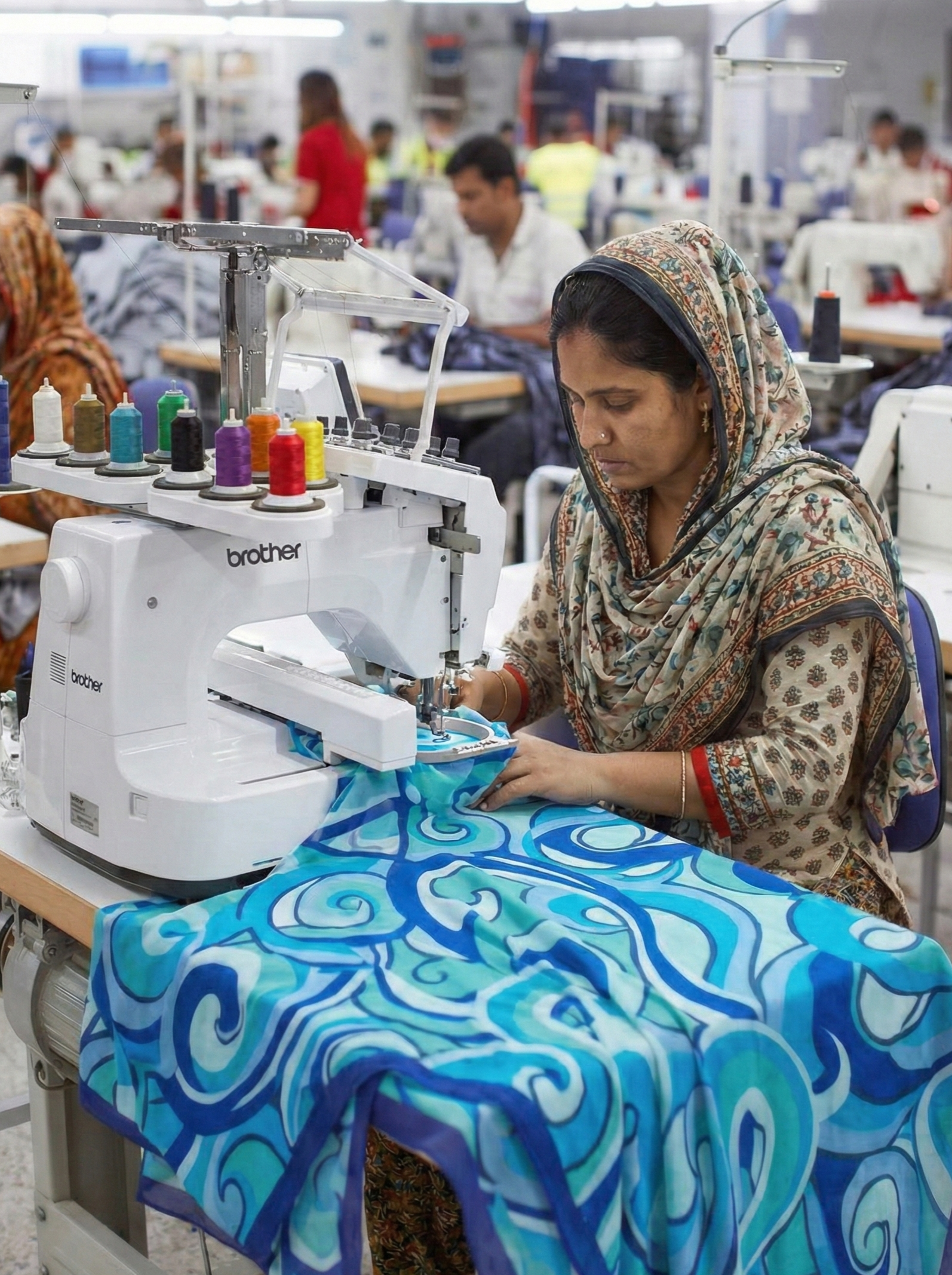 A woman working on a sewing machine in a factory, sewing a colorful blue patterned cloth. Multiple workers in the background are also engaged in sewing. The factory is well-lit with overhead lights.
