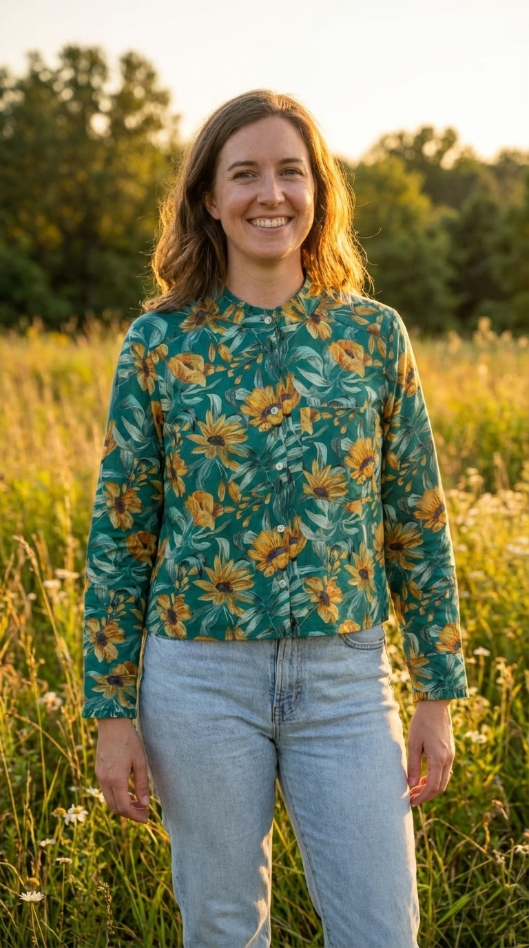 A woman with shoulder-length brown hair smiling, wearing a floral shirt with yellow flowers and green leaves, standing in a field of tall grass and wildflowers during sunset.