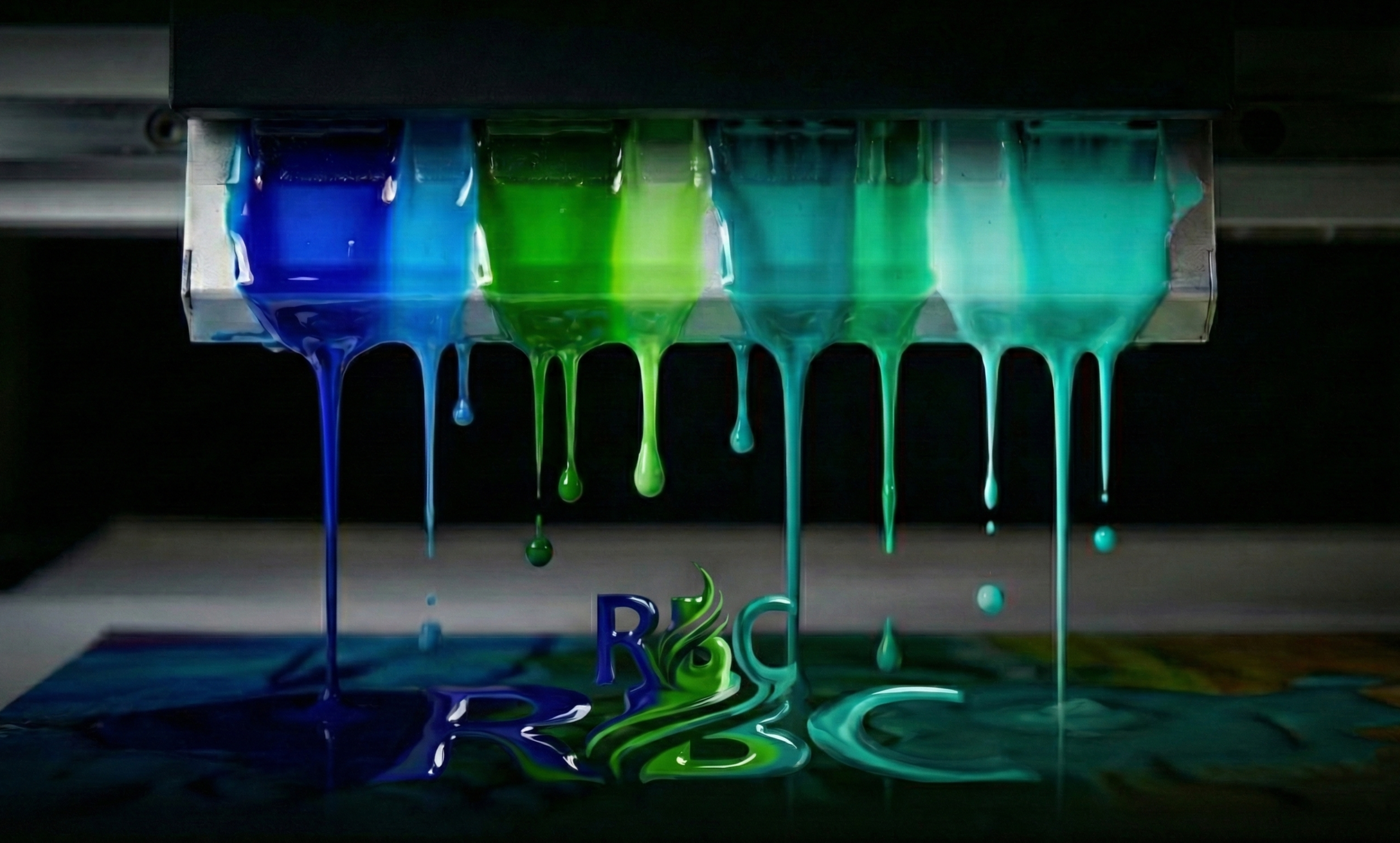 Giant 3D printer depositing blue, green, and teal-colored liquid ink onto paper, creating a blending effect with the letters 'R', 'G', and 'C' visible beneath the dripping ink.