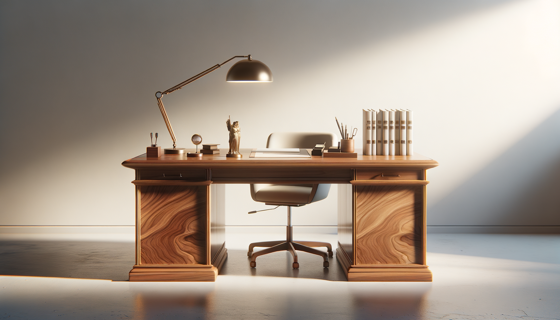 Empty wooden office desk with a beige office chair, a desk lamp, stack of books, a small sculpture, a globe, a pen holder, and a row of white books in a bright room with sunlight coming through.