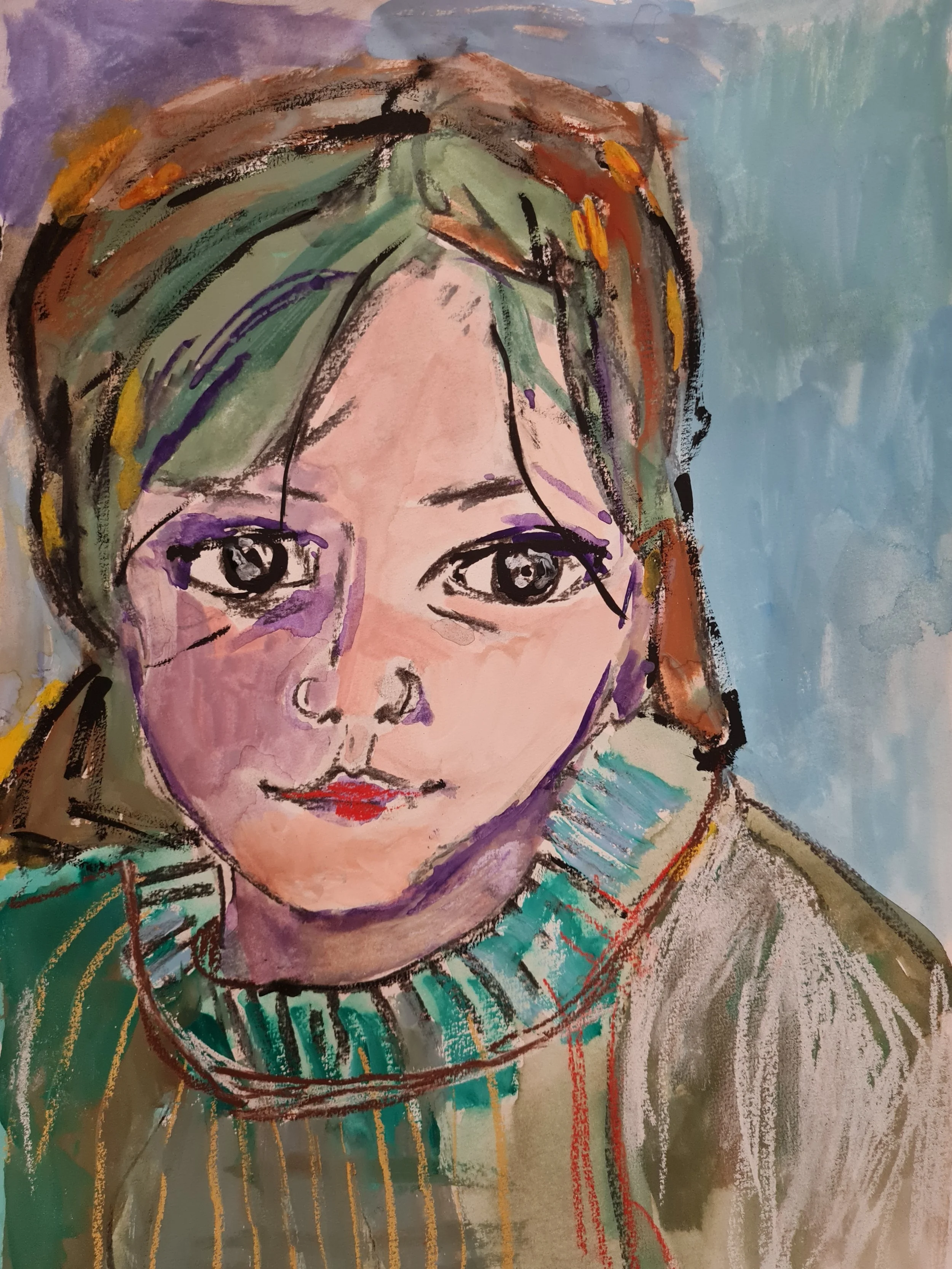 Original oil and pastel painting depicting a young girl, part of an ongoing figurative series. Unique artwork available for acquisition.