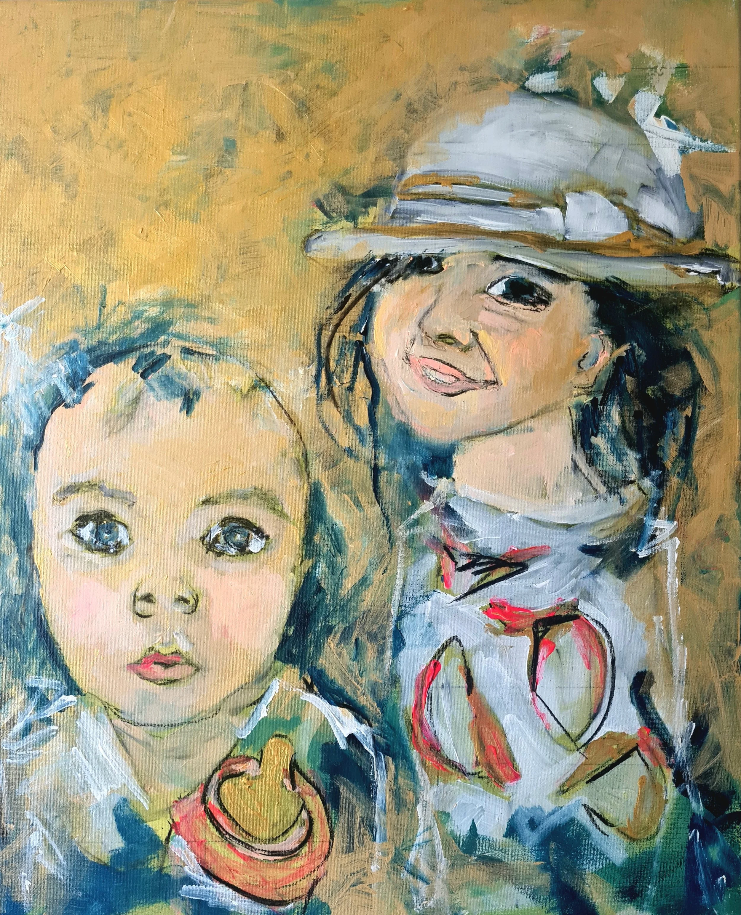 Original oil and pastel painting depicting two children, part of an ongoing figurative series. Unique artwork available for acquisition.
