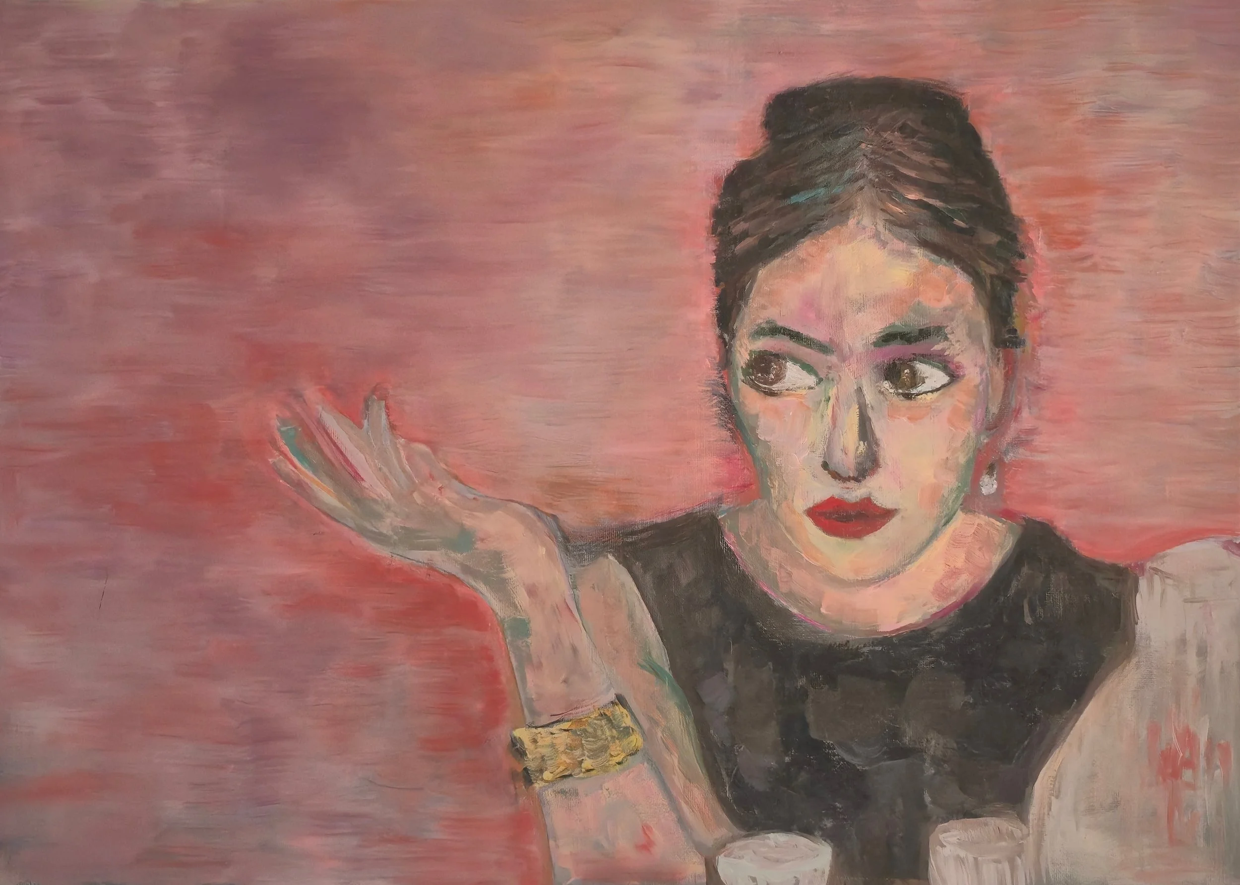 Portrait of a woman at a gala, with a pink and peach background.