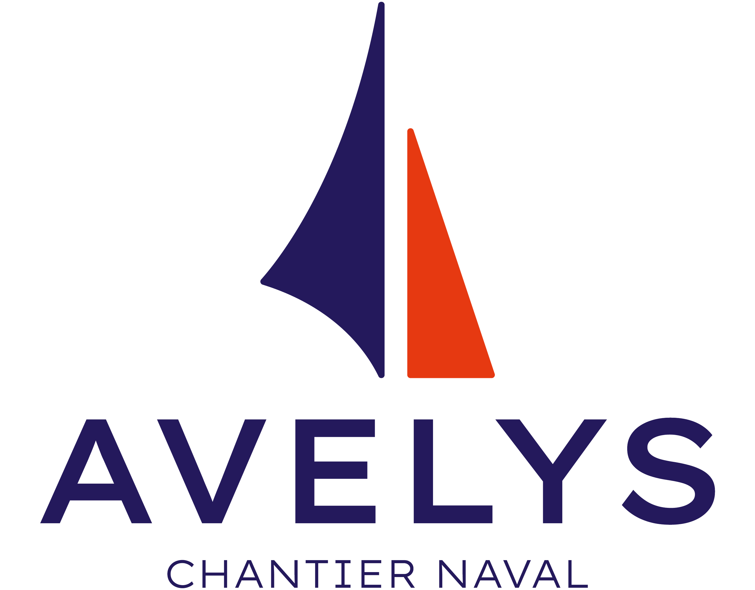 Logo du Chantier Naval Avelys avec un symbole stylisé en forme d'aile ou de voilier en rouge et bleu, et le nom écrit en majuscules.