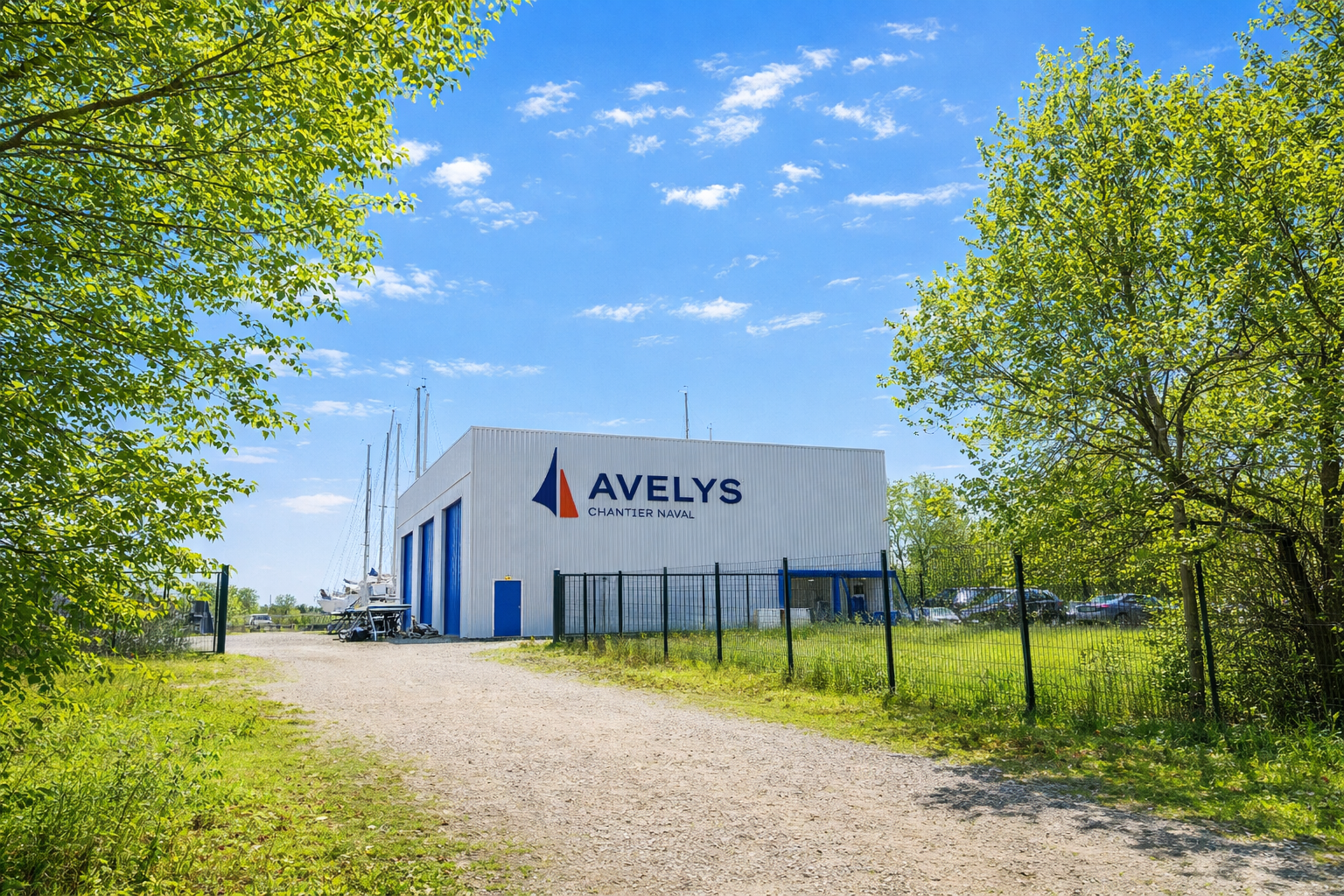 Bâtiment avec le logo Avelys Chantier Naval, entouré d'arbres verts et d'une clôture, avec un chemin de gravier en premier plan, sous un ciel bleu avec quelques nuages.