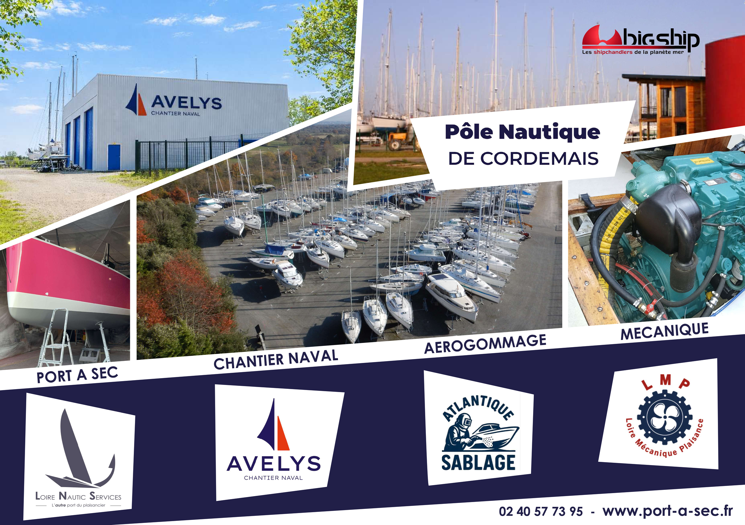 Une affiche promotionnelle pour le port à sec de Port A Sec, montrant un port de plaisance avec des bateaux, un hangar naval, une mécanique marine, un atelier de sablage, et des logos d'entreprises liées à la navigation et la mécanique, avec des textes en français.