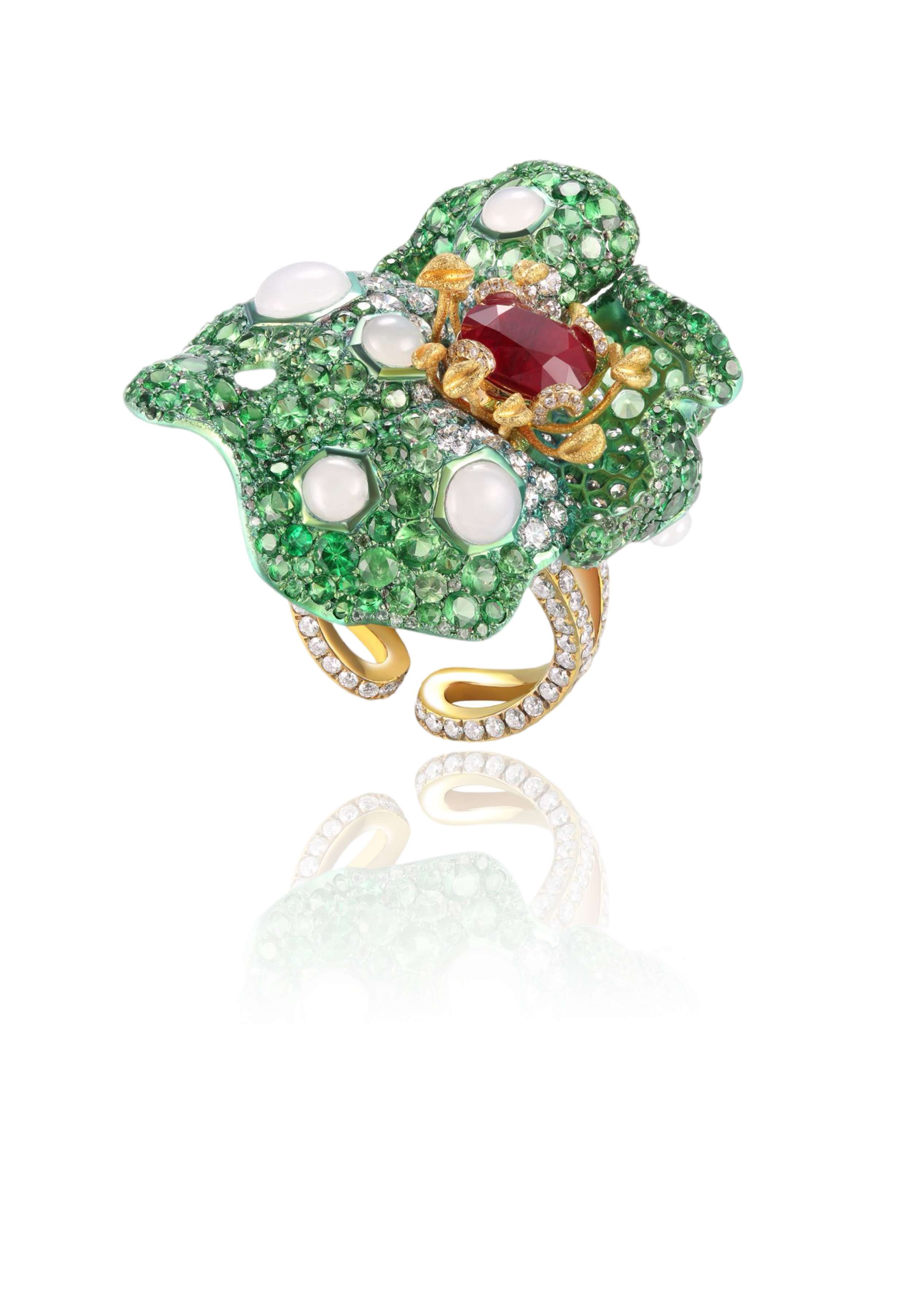 A decorative ring designed as a chameleon, encrusted with green gemstones and white gemstones, with a large red gemstone as the eye, and gold accents.