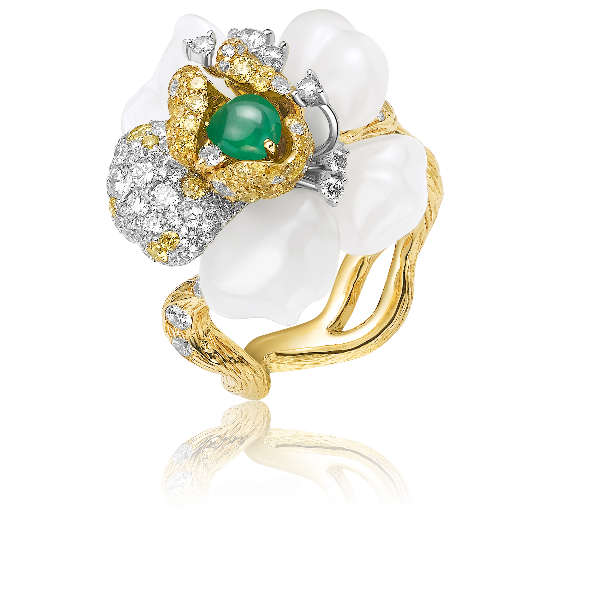 A gold ring in a floral design, adorned with white Hetian jade petals, centered with green jadeite, and enriched with small diamonds for added detail.