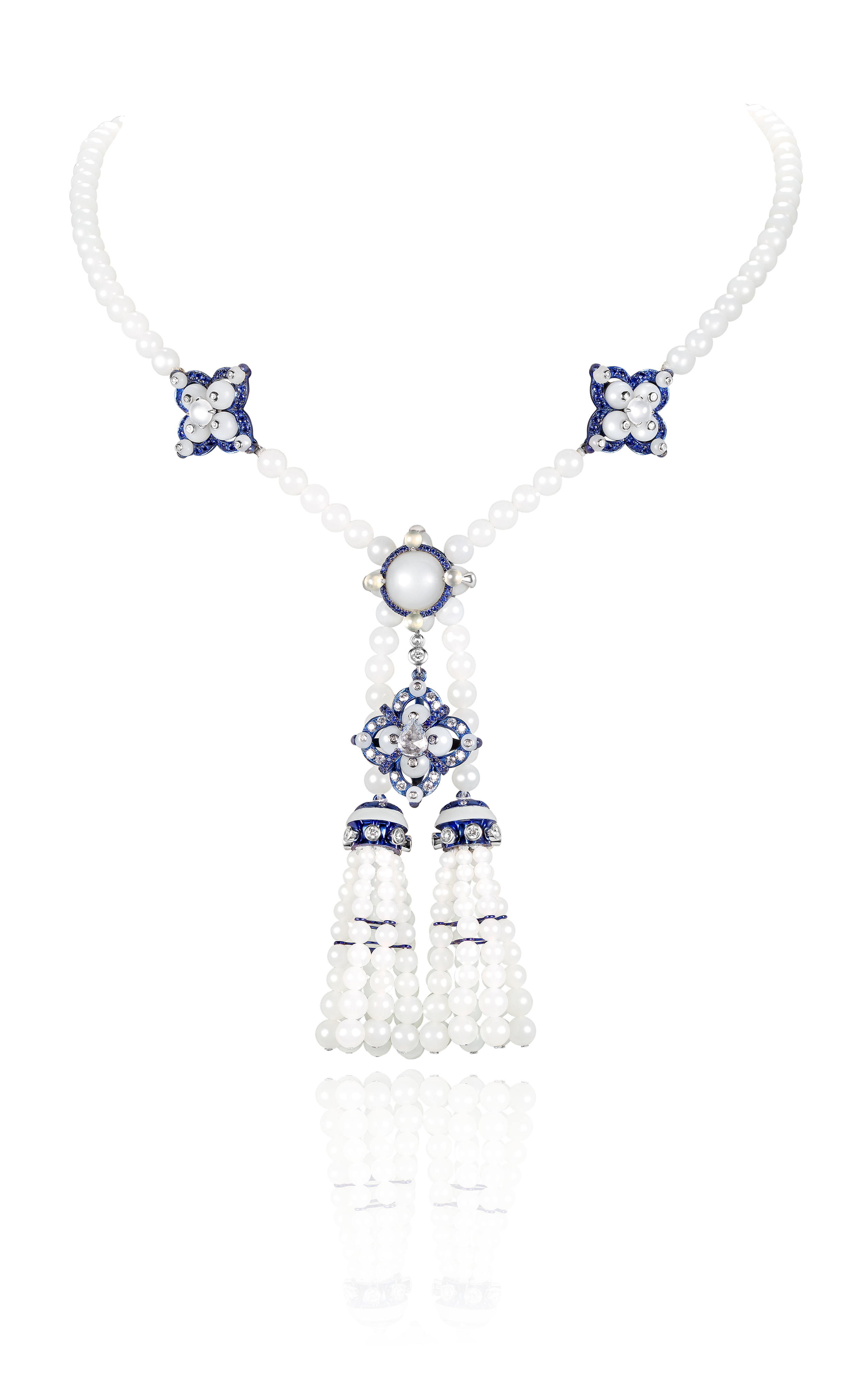 Elegant pearl necklace with blue and white floral and tassel accents.
