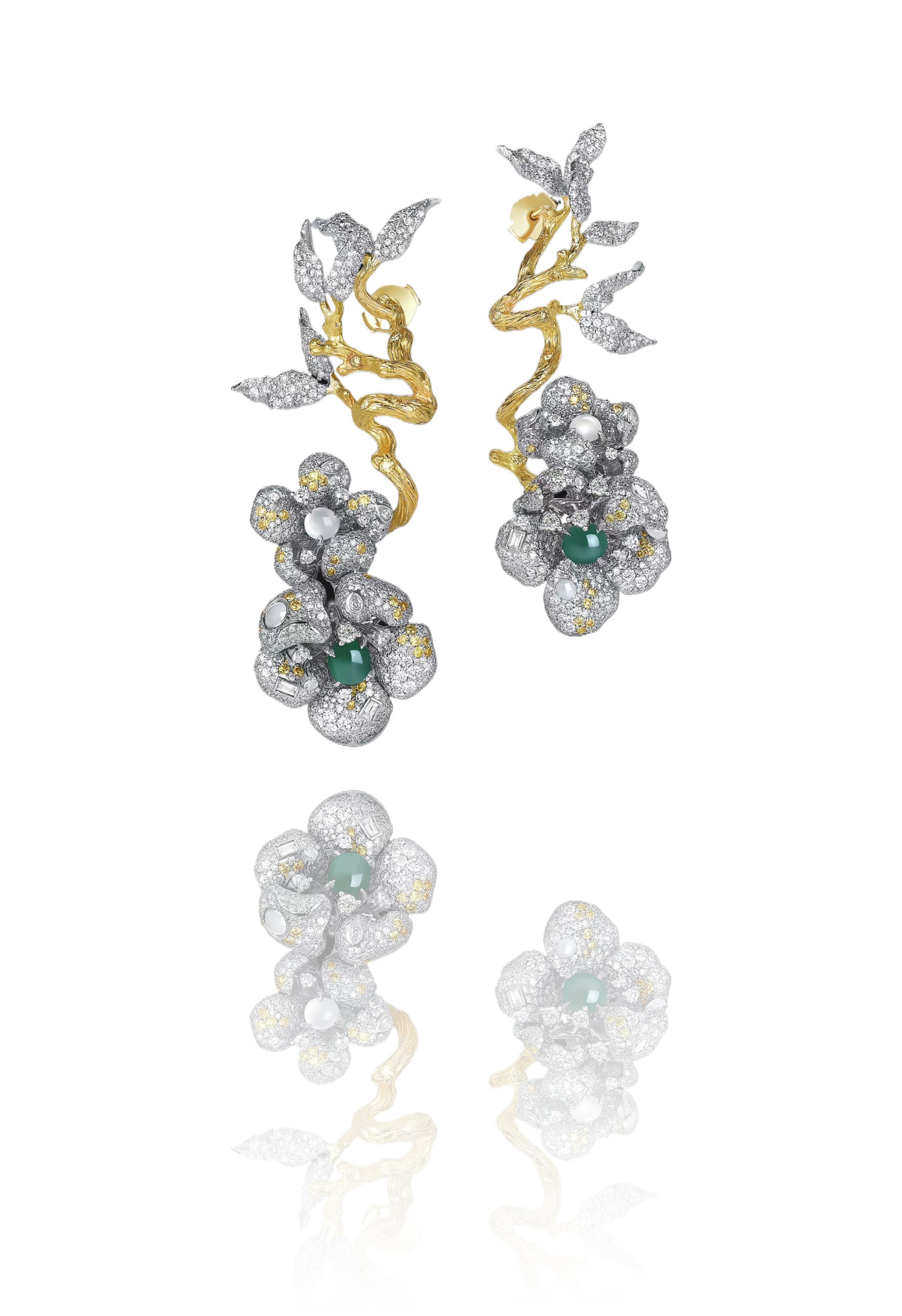 Elegant pair of diamond and gold earrings with leaf and floral design on black background.