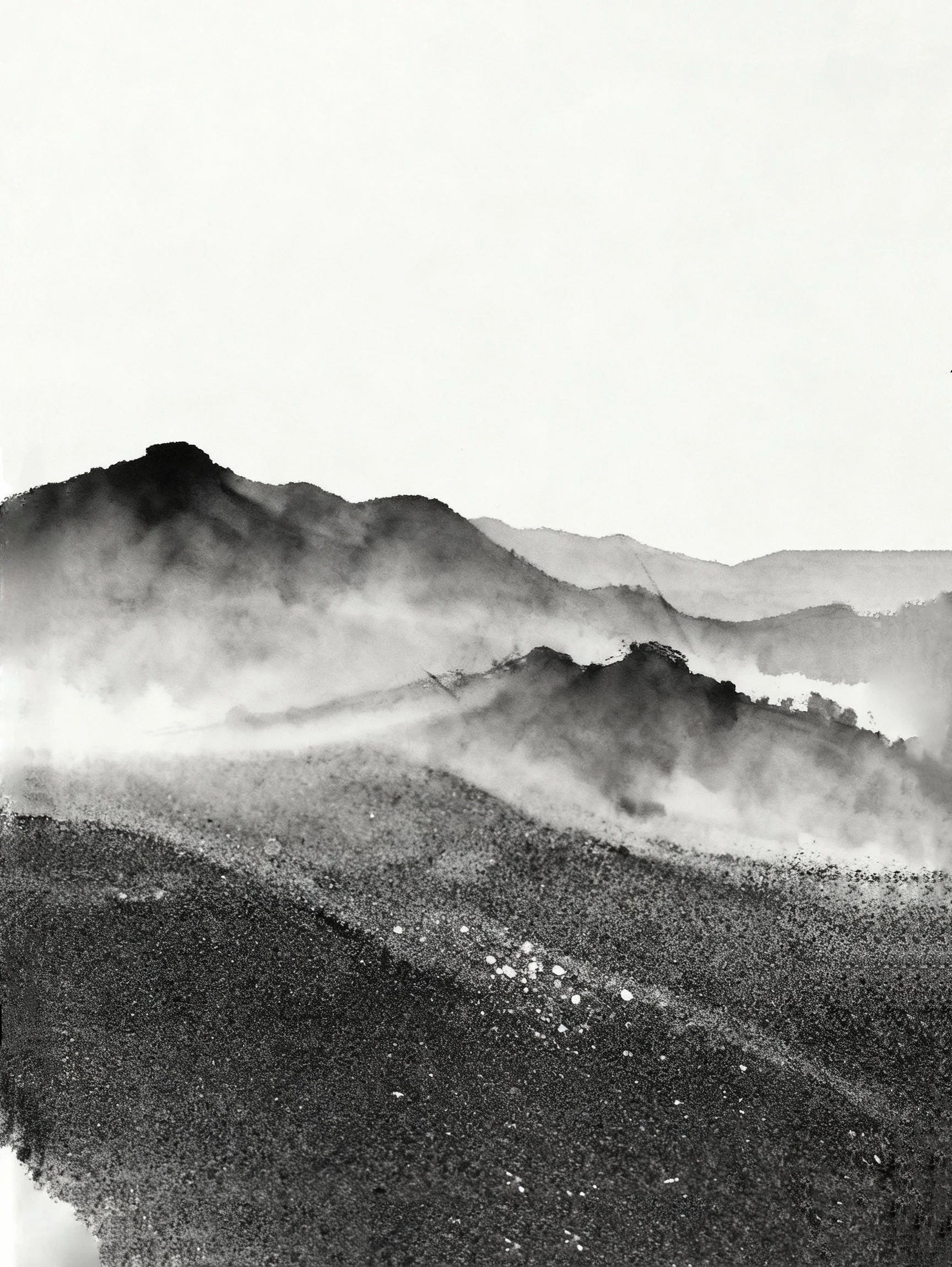 Black and white watercolor painting of mountains with mist or fog.