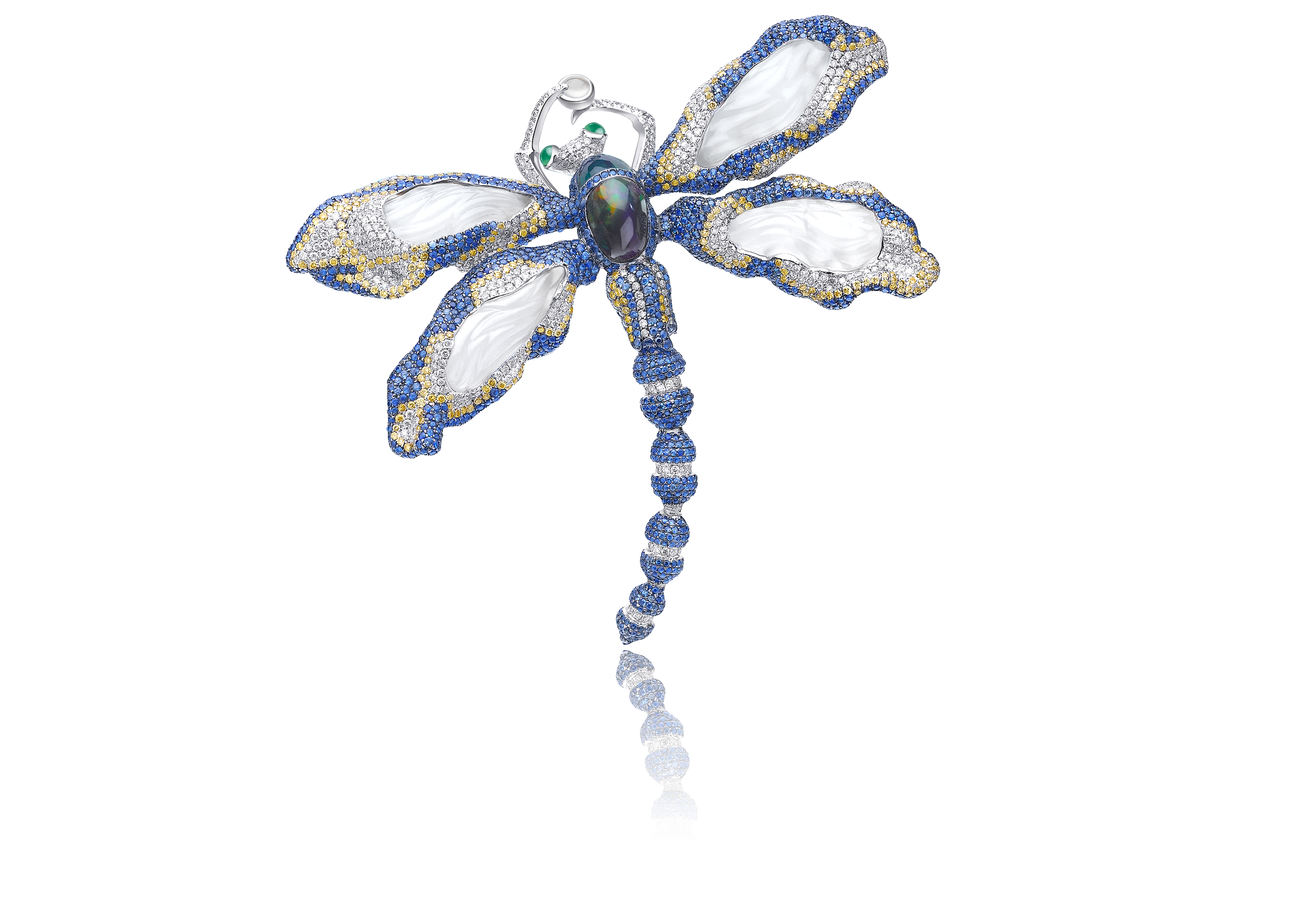A dragonfly brooch with a body crafted from play-of-color opals, set with sapphires and diamonds on mechanical joints. The wings are carved and assembled from Hetian white jade.