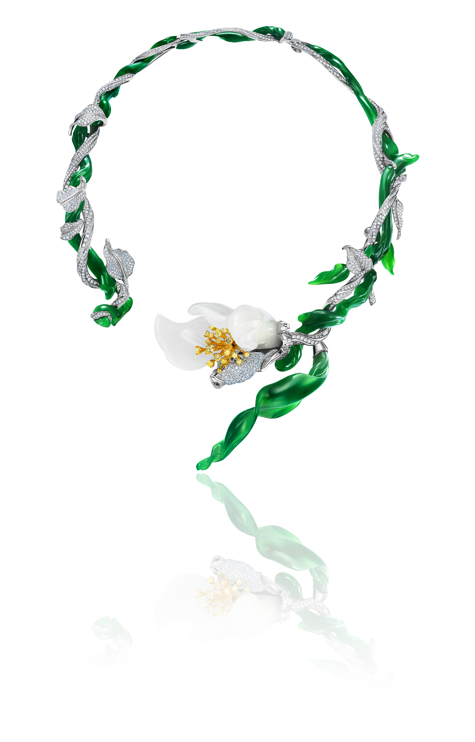 A decorative mirror with a frame made of green leaves, silver vines, and white flowers, including pearls and gold accents.