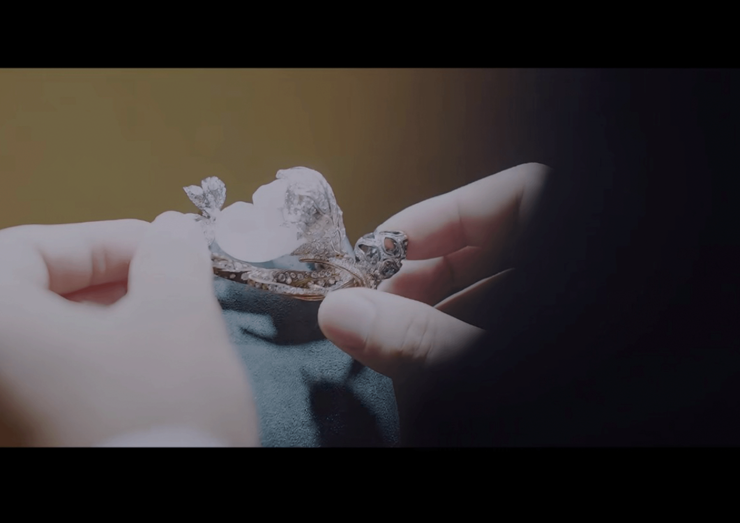 Close-up of hands holding a detailed glass sculpture of a turtle.
