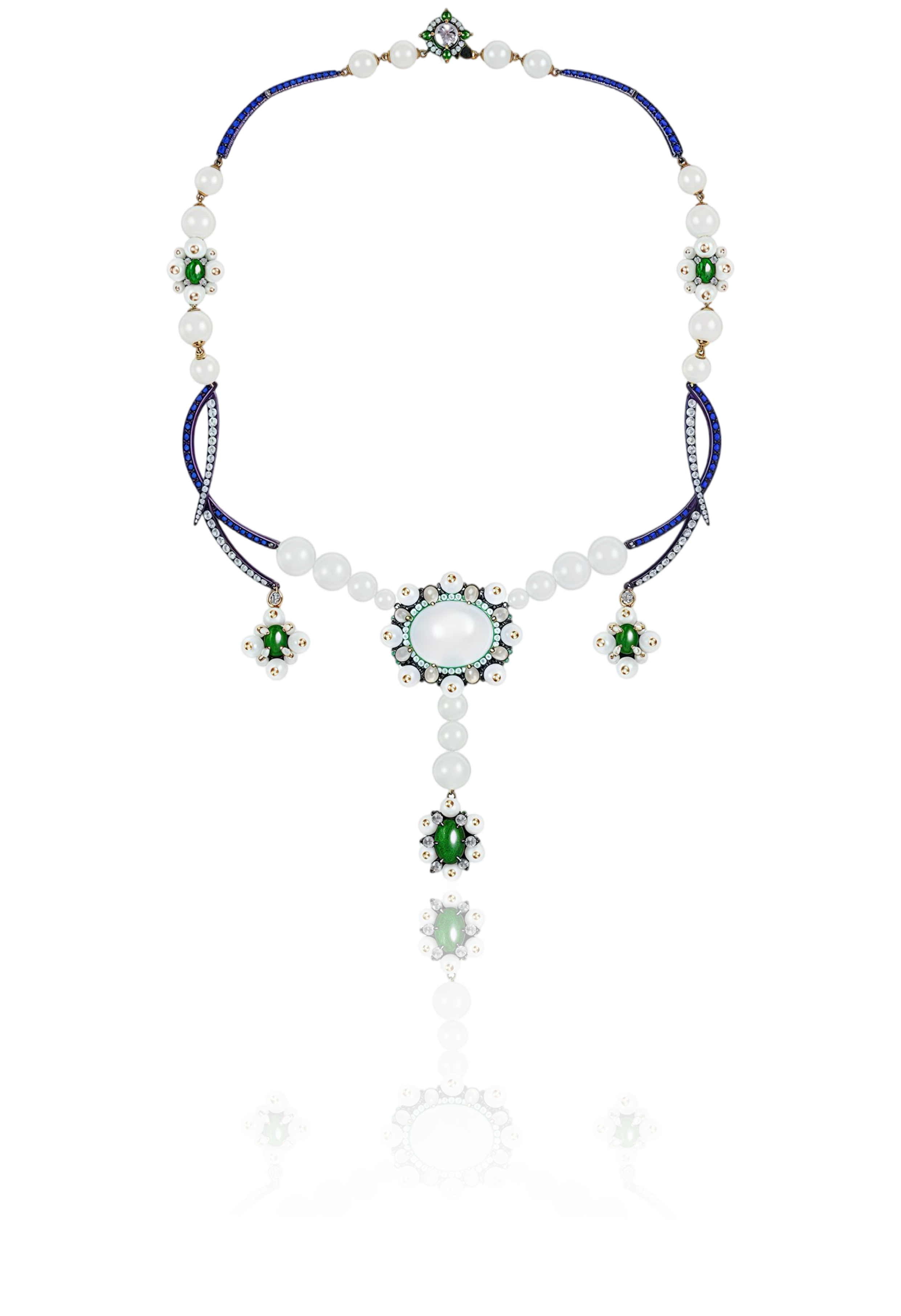 A luxurious necklace and matching earrings made of white pearls, green gemstones, and diamonds set in gold. The necklace features a large central pearl pendant with surrounding smaller pearls and green stones, with matching earrings.