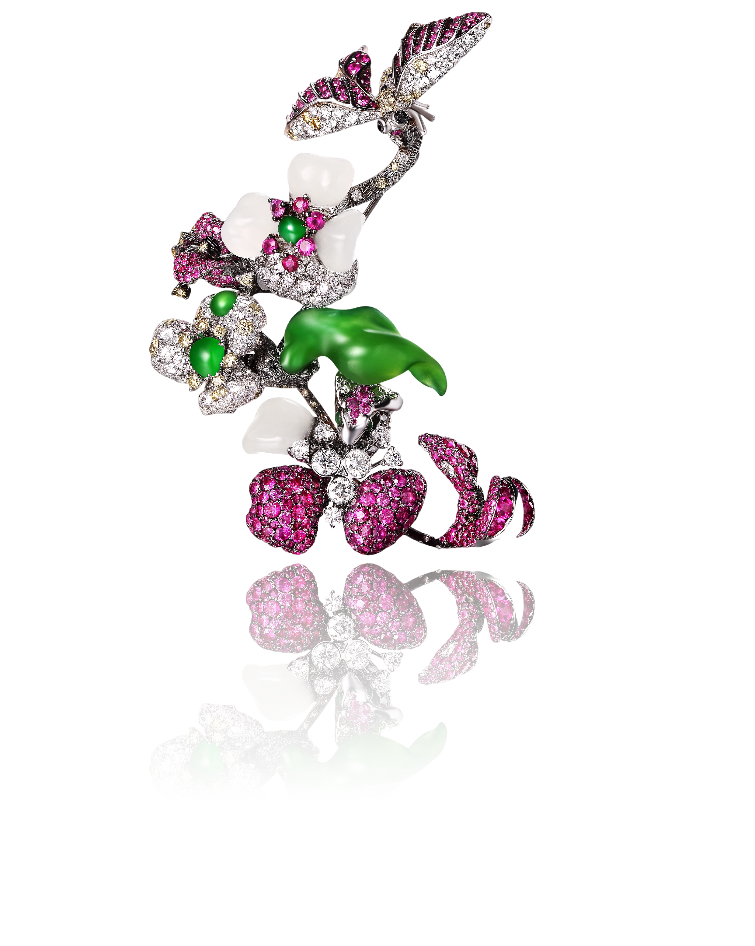 A jewelry piece with butterfly and flower designs decorated with pink, white, and green gemstones, including leaf motifs.