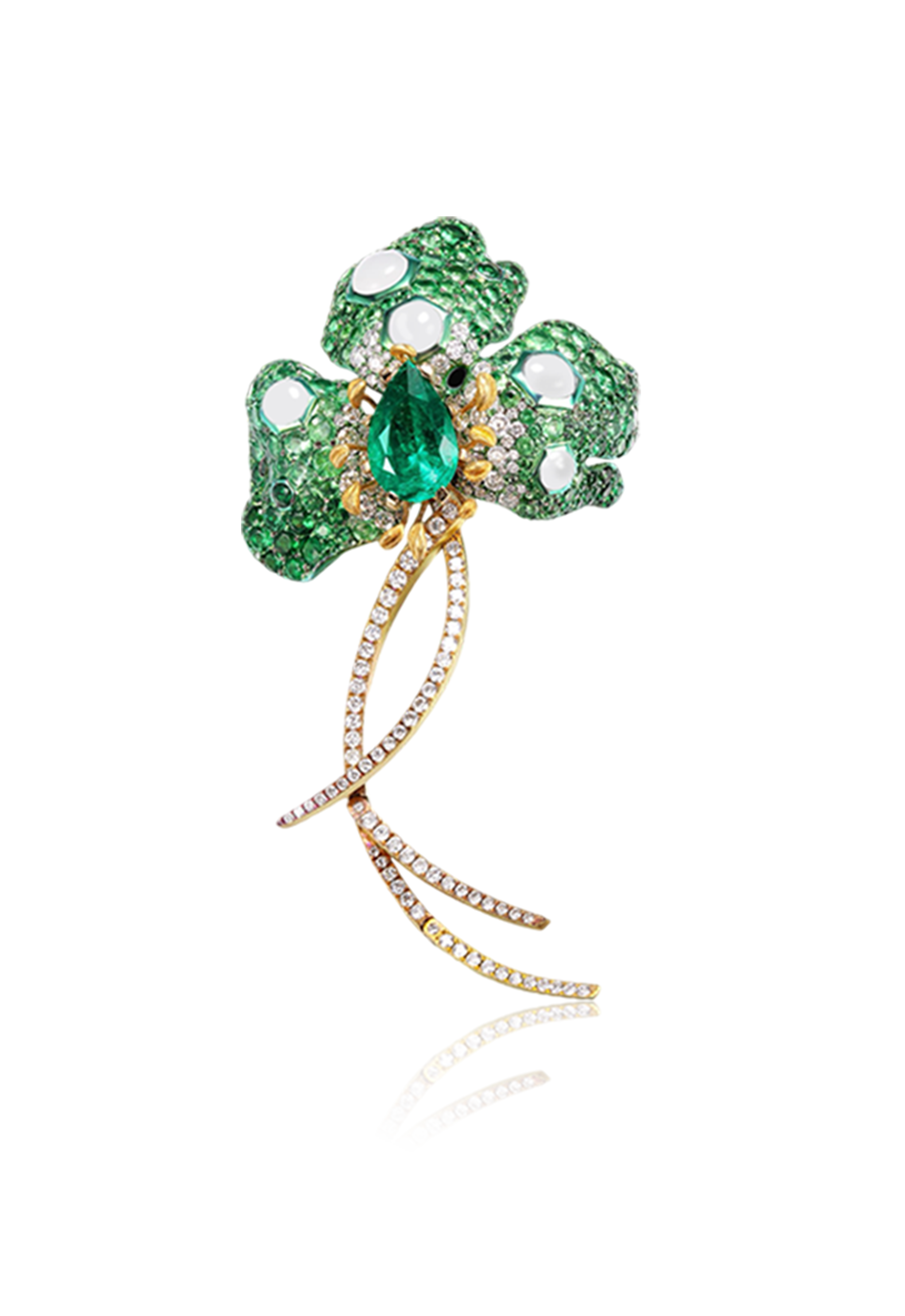 A jewelry piece designed as a flower with green and white gemstones, featuring a central teardrop-shaped emerald, surrounded by small white diamonds, with a cascading pearl and diamond chain.