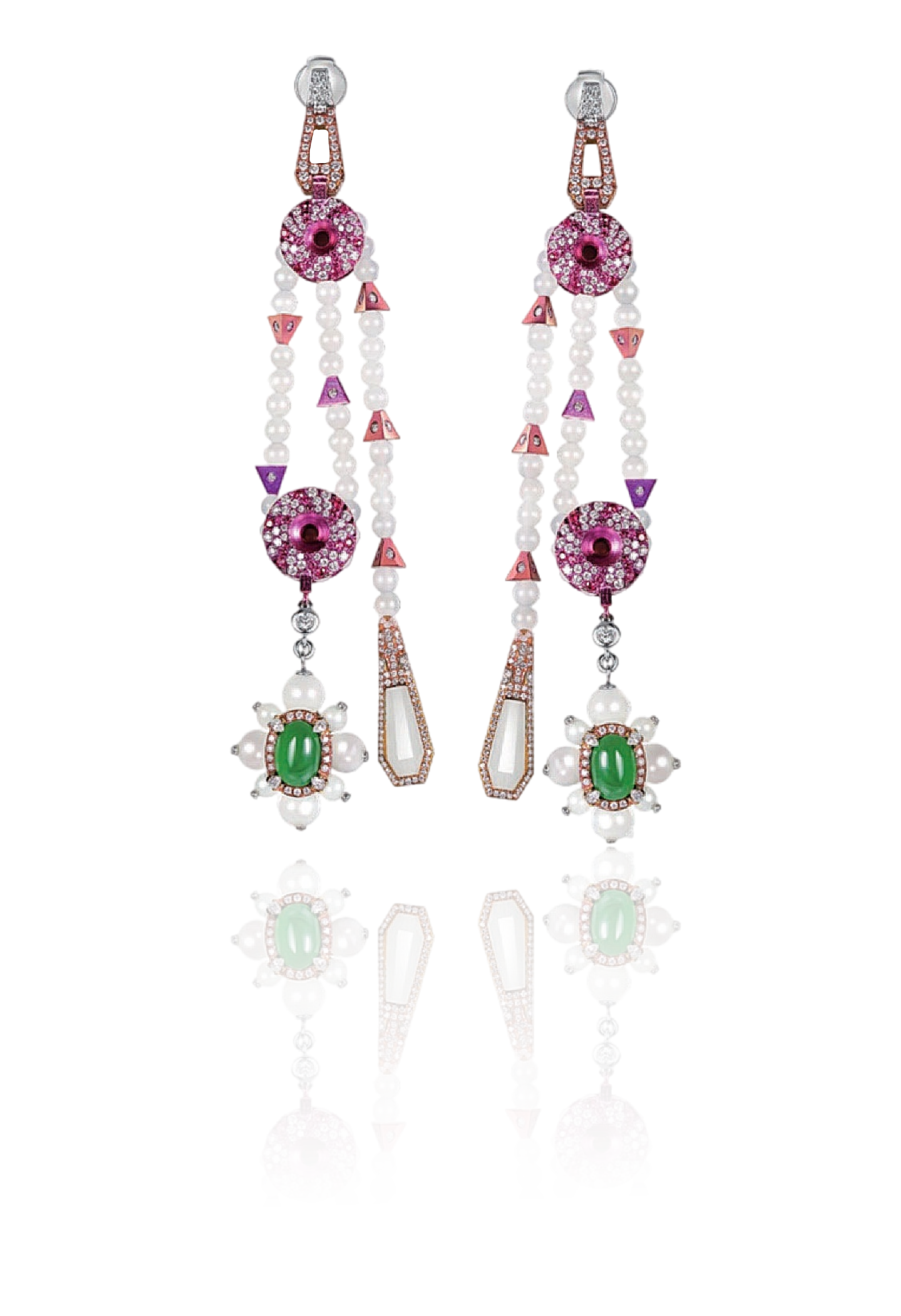 A colorful, ornate chandelier-style jewelry piece made with various gemstones, pearls, and intricate designs.