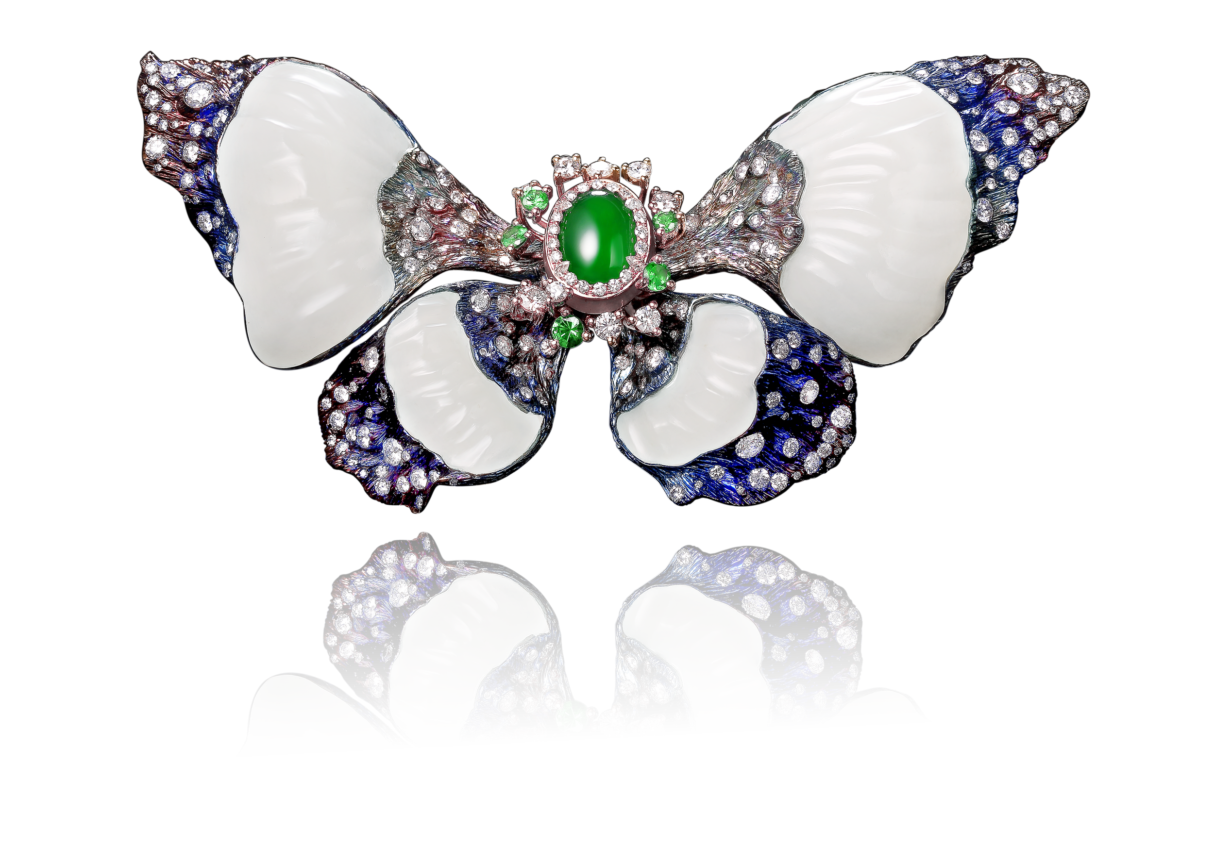 An ornamental butterfly brooch with a body crafted from green jadeite and diamonds, wings made of white Hetian jade, featuring blue and silver detailing at the wingtips and set with small diamonds.